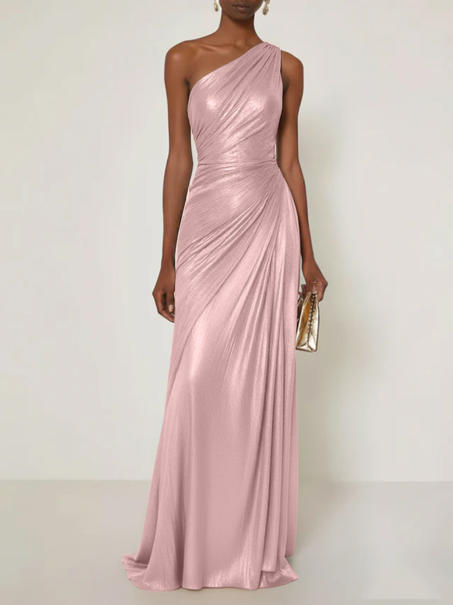 Evening Formal Dress V Neck One Shoulder Silk Ruffles Maxi Dress