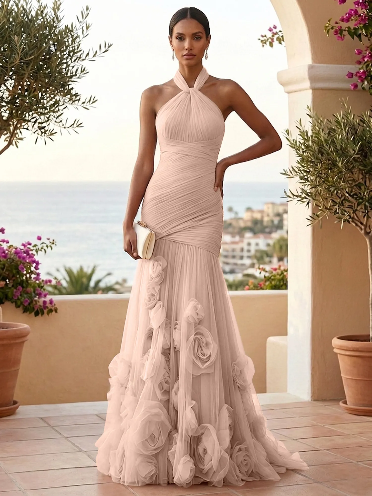 Halter Neck Ruched Tulle Mermaid Gown with 3D Floral Appliqués