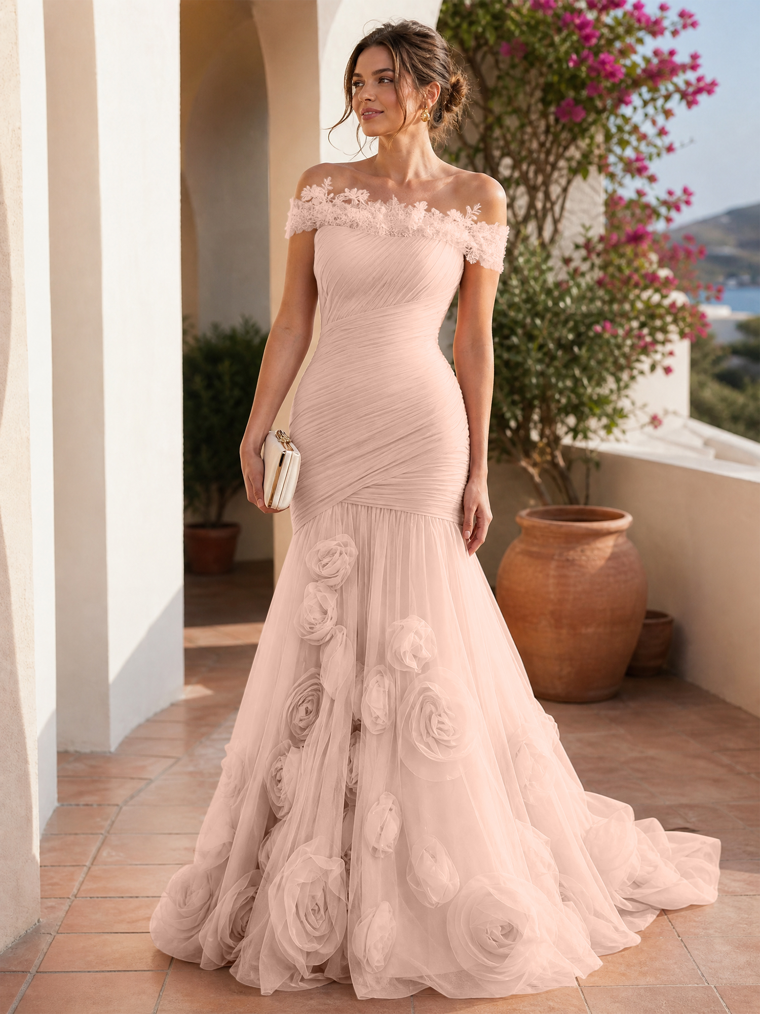 Romantic Blushing Rose Off-the-Shoulder Mermaid Formal Evening Dress 