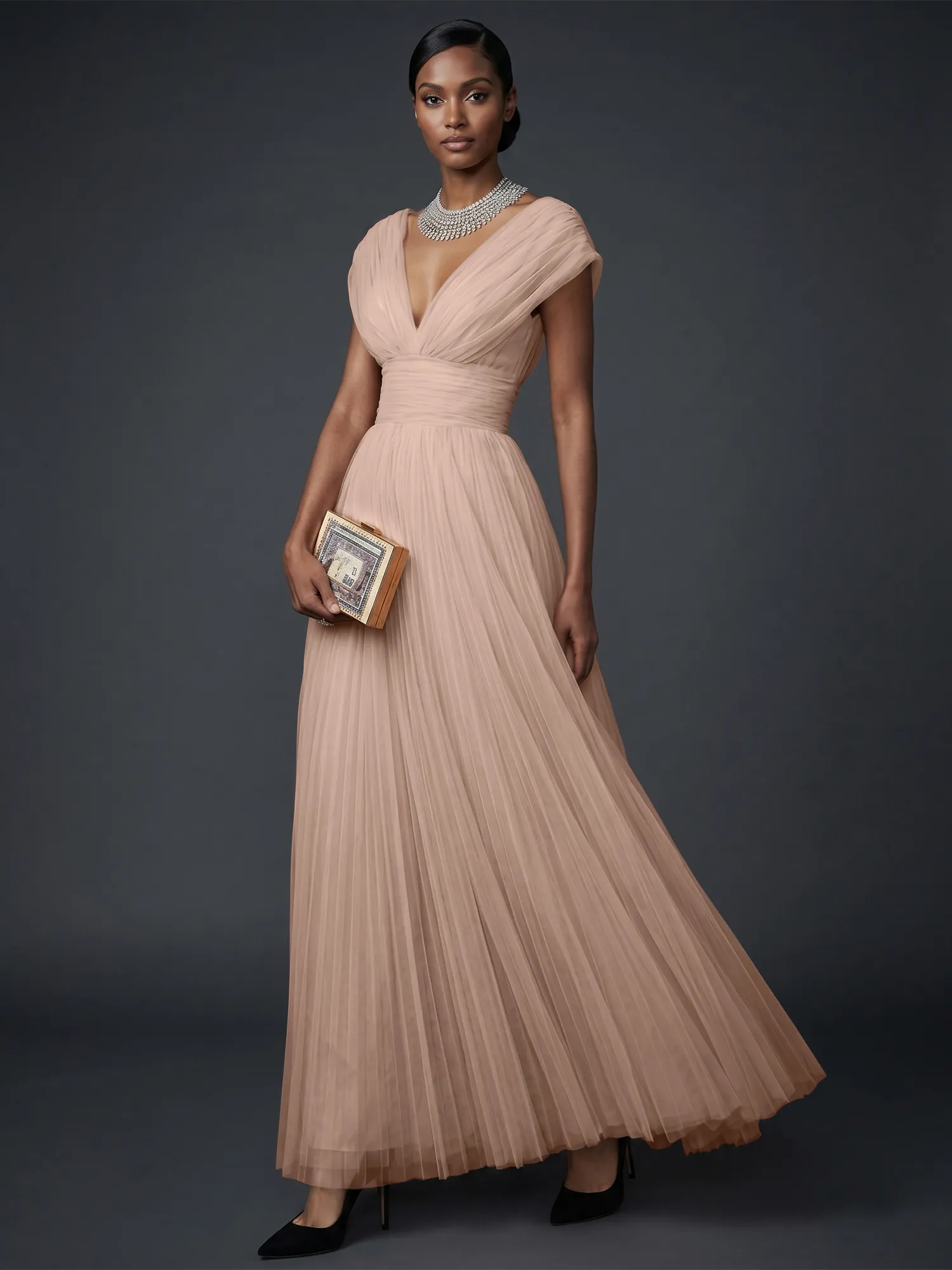 Draped V-Neck Pleated Tulle Evening Gown Maxi Dress