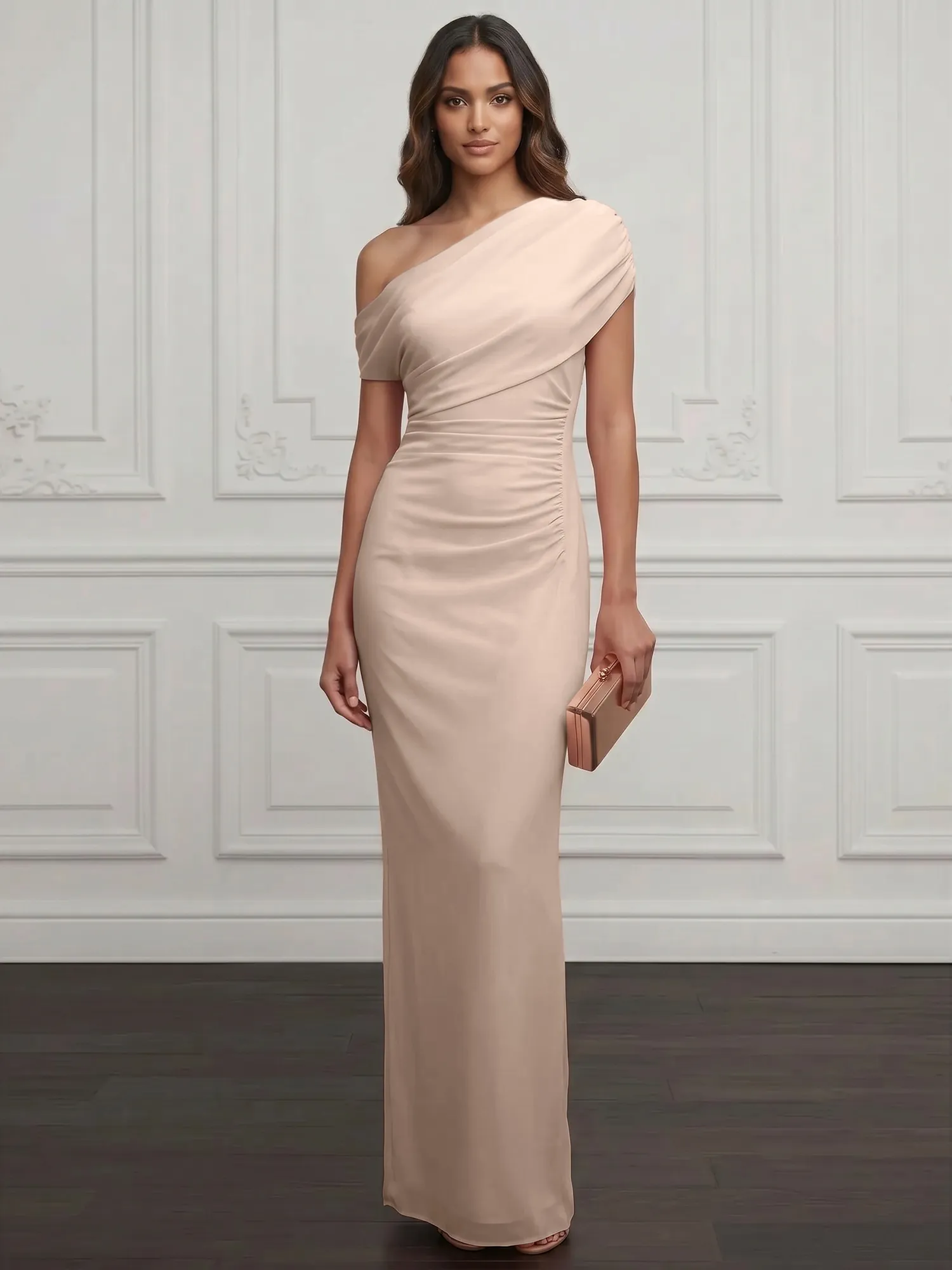 One-Shoulder Draped Chiffon Evening Gown
