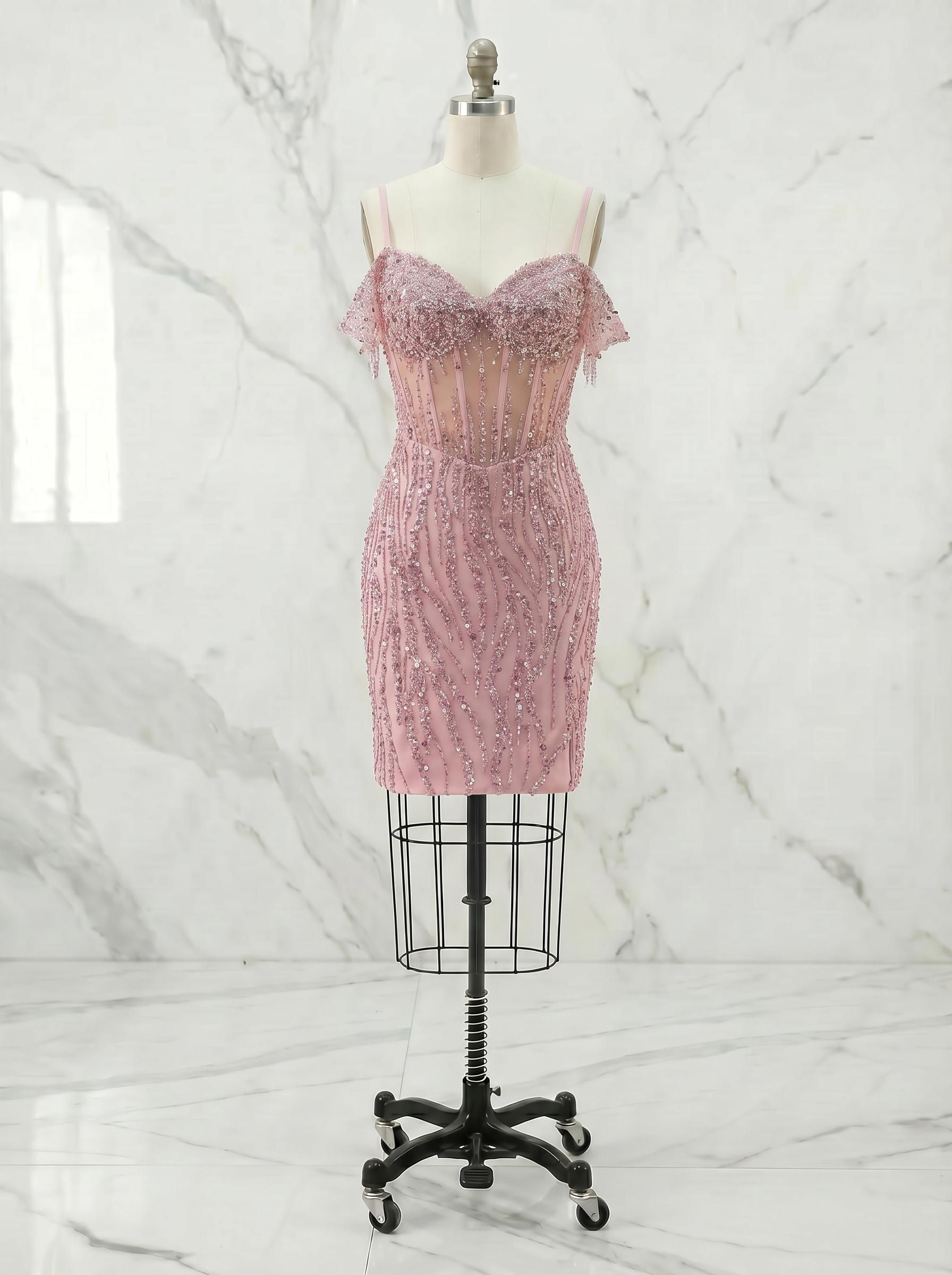 Blush Pink Off-the-Shoulder Beaded Corset Homecoming Mini Dress