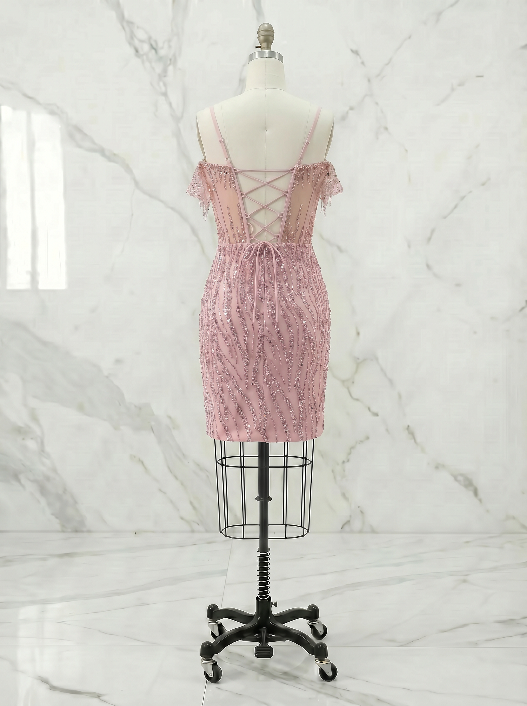 Blush Pink Off-the-Shoulder Beaded Corset Homecoming Mini Dress