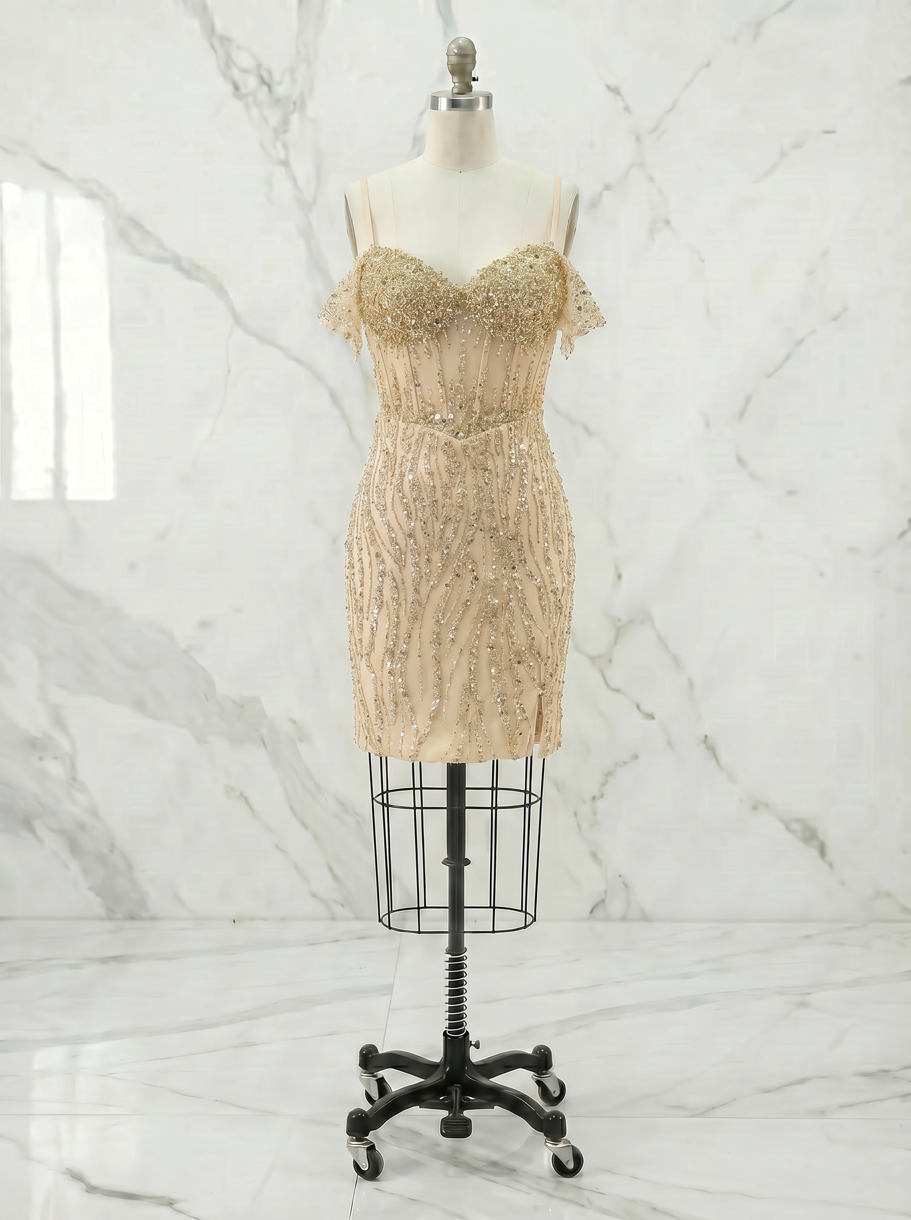 Blush Pink Off-the-Shoulder Beaded Corset Homecoming Mini Dress