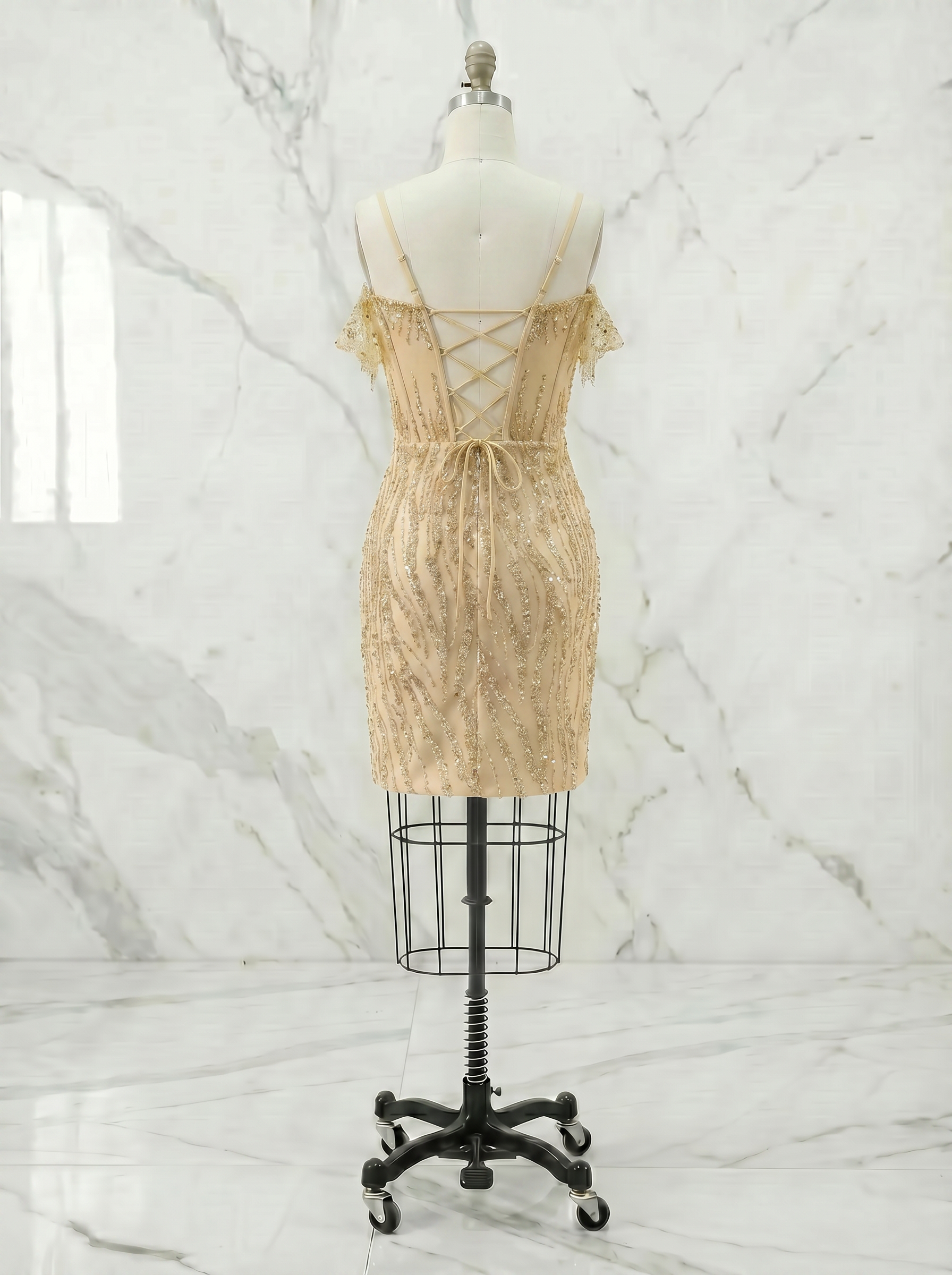 Blush Pink Off-the-Shoulder Beaded Corset Homecoming Mini Dress