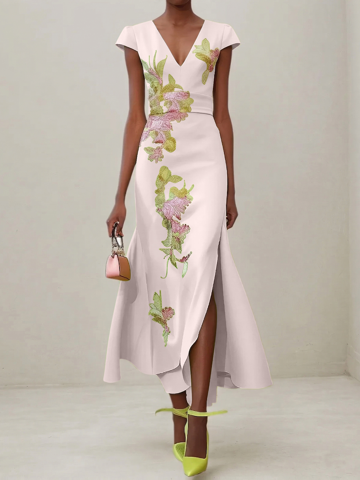 Elegant V-Neck Cap Sleeve Satin Midi Gown with Floral Embroidery & High Slit
