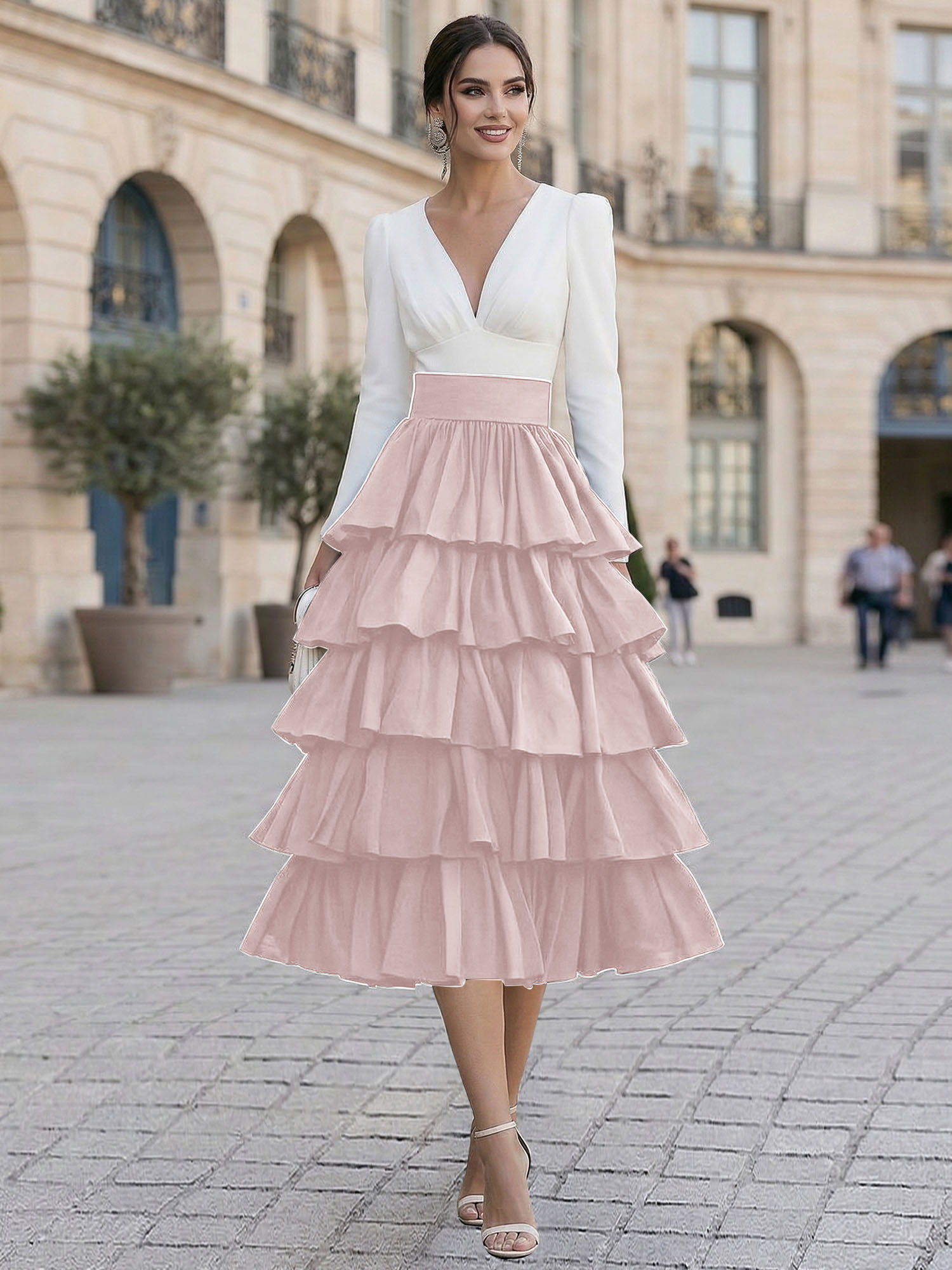 Elegant V-Neck Long Sleeve Tiered Ruffle Midi Dress with Contrast Waistband