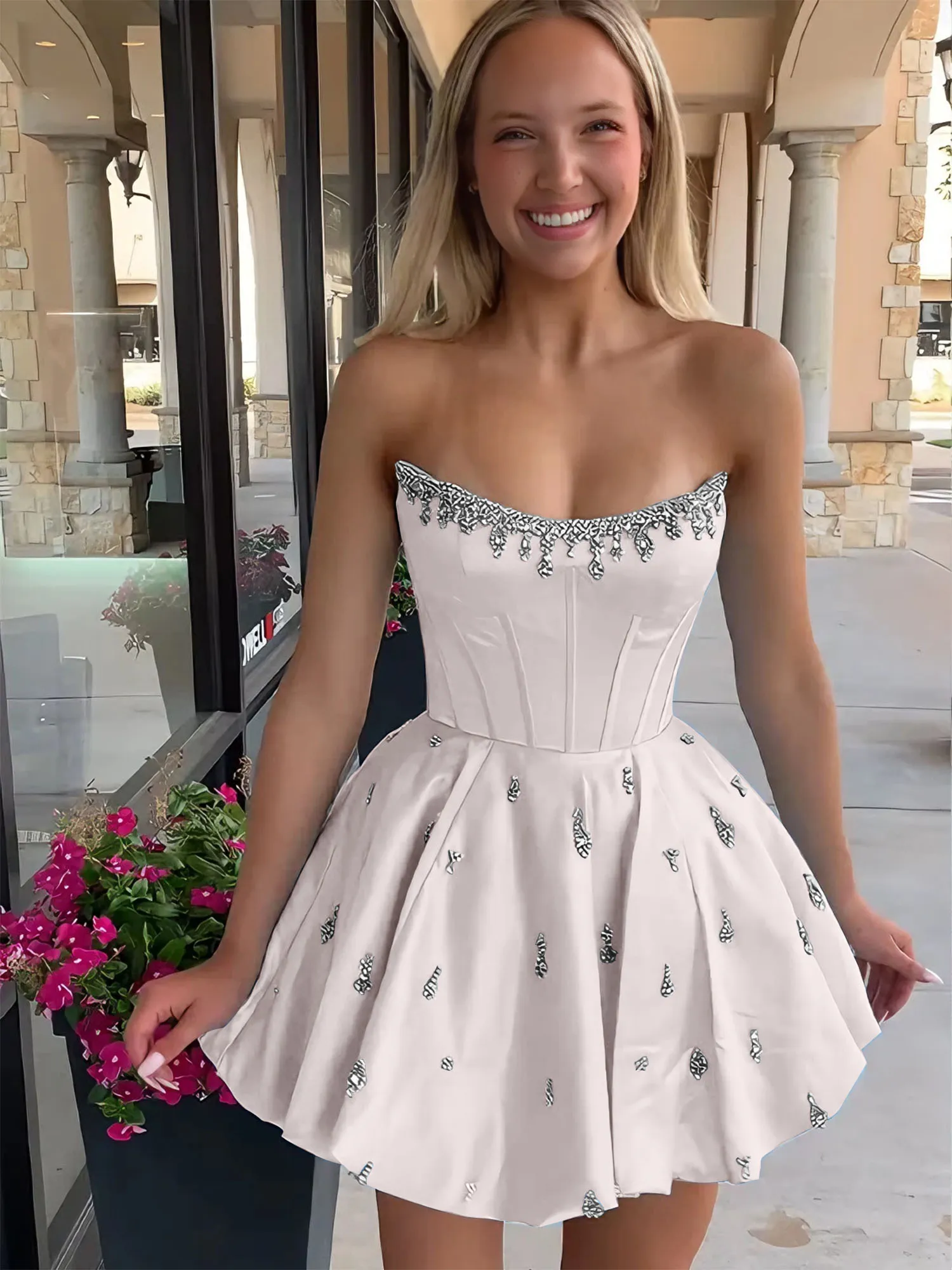 Strapless Beaded Corset Lace-Up Back Satin Homecoming Dress