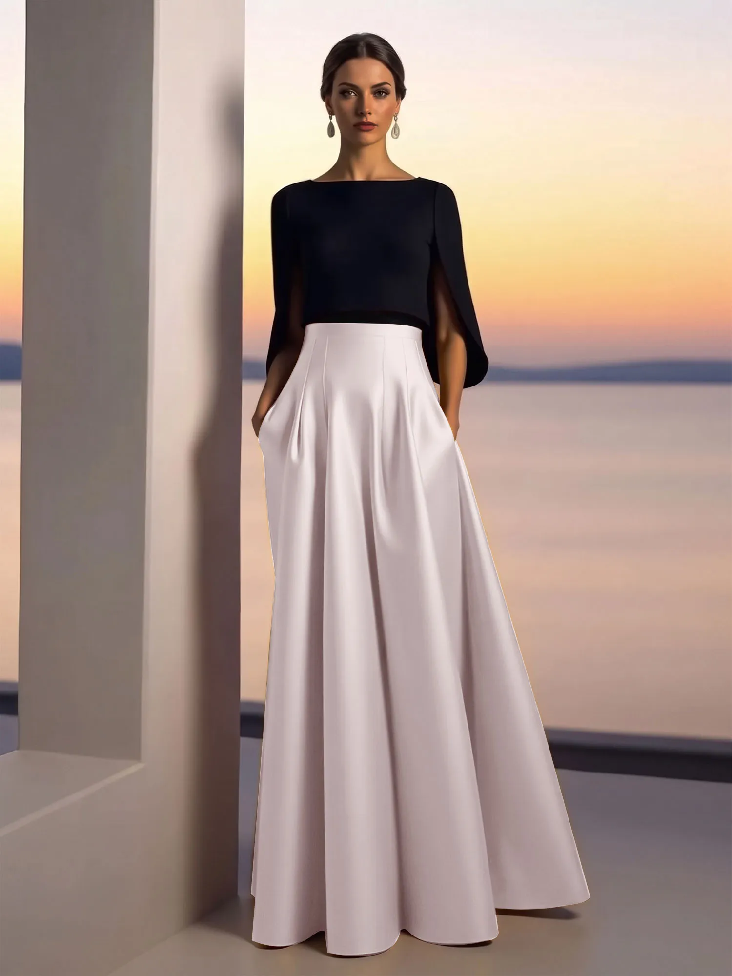 Two-Piece Cape Sleeve Satin Ball Gown Evening Dress