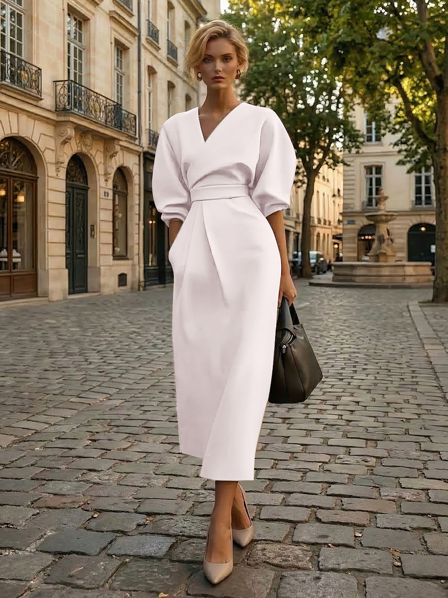 Sophisticated Camel V-Neck Balloon Sleeve Midi Dress Evening Gown