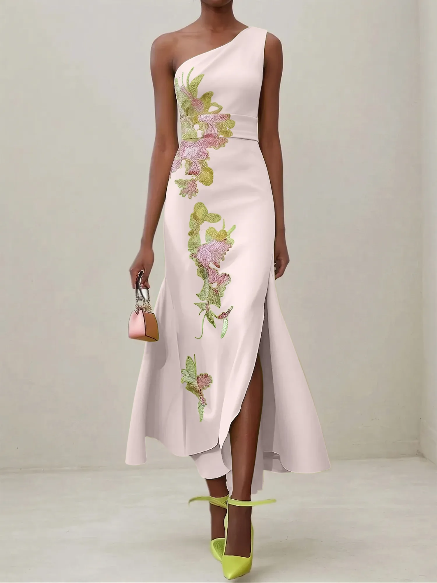 Elegant One Shoulder Cap Sleeve Satin Midi Gown with Floral Embroidery & High Slit