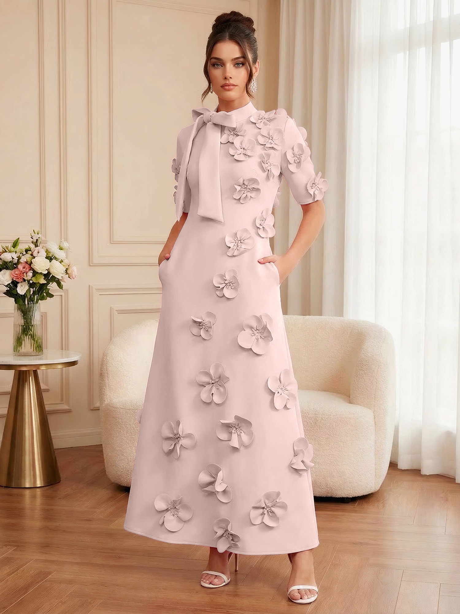 Pink Short Sleeve 3D Floral Maxi Dress Gown