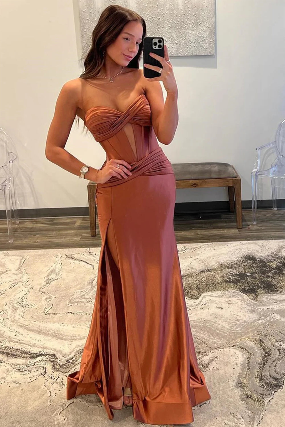 Black Mermaid Strapless Keyhole Satin Long Prom Dress with Slit