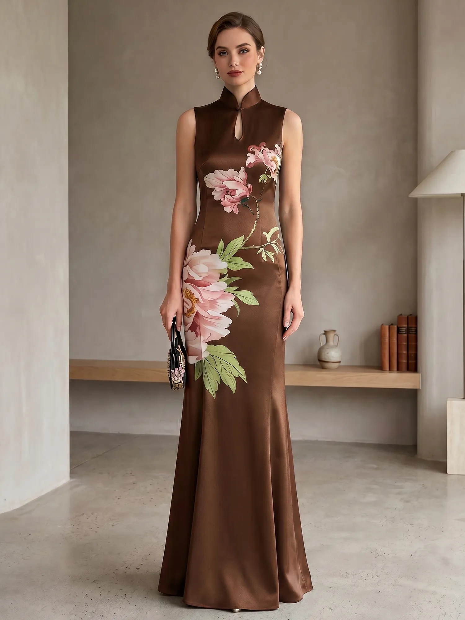 Satin Qipao-Inspired Floral Mermaid Evening Gown