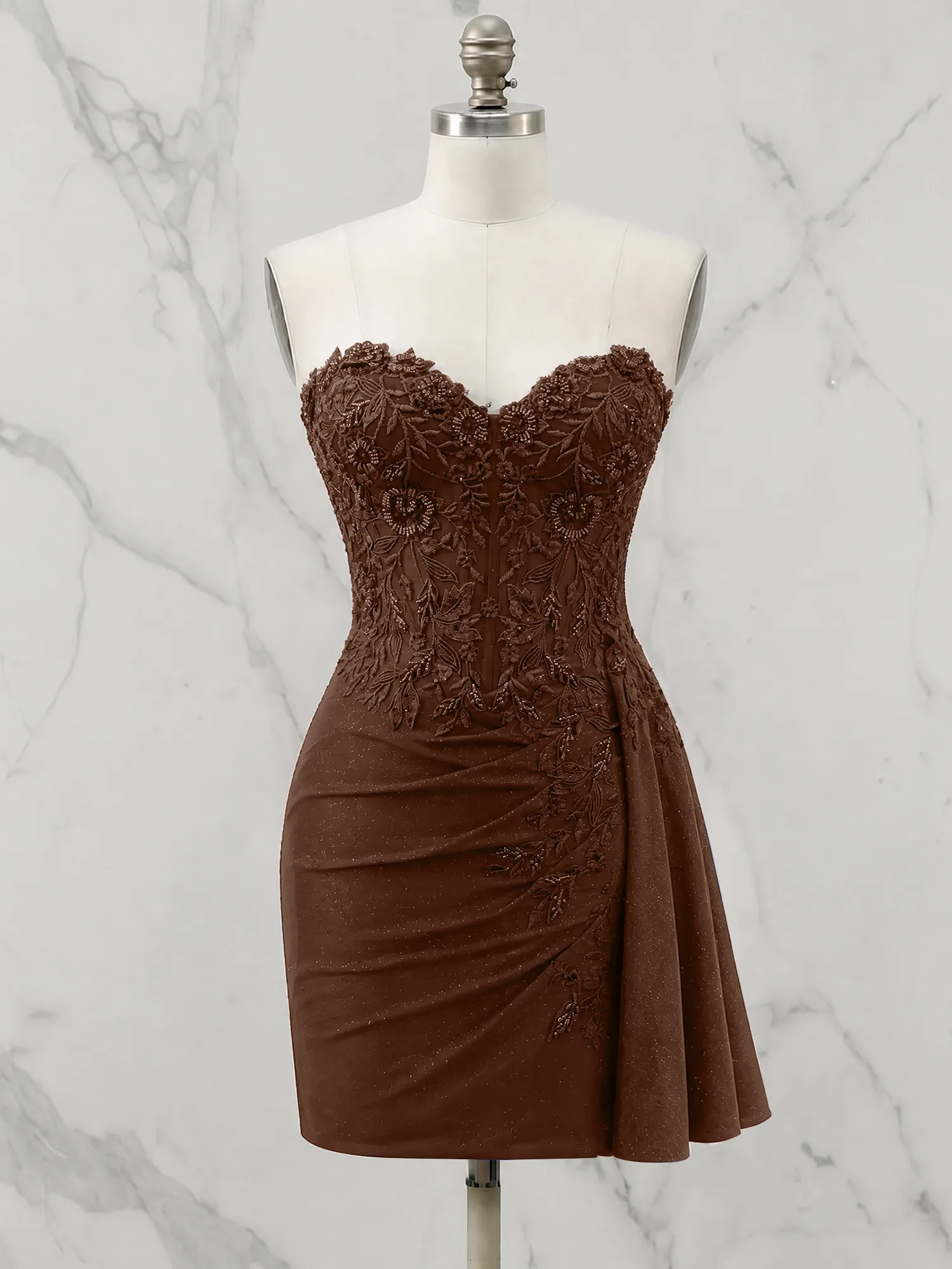 Strapless Lace Appliqué Glitter Homecoming Dress with Side Drape