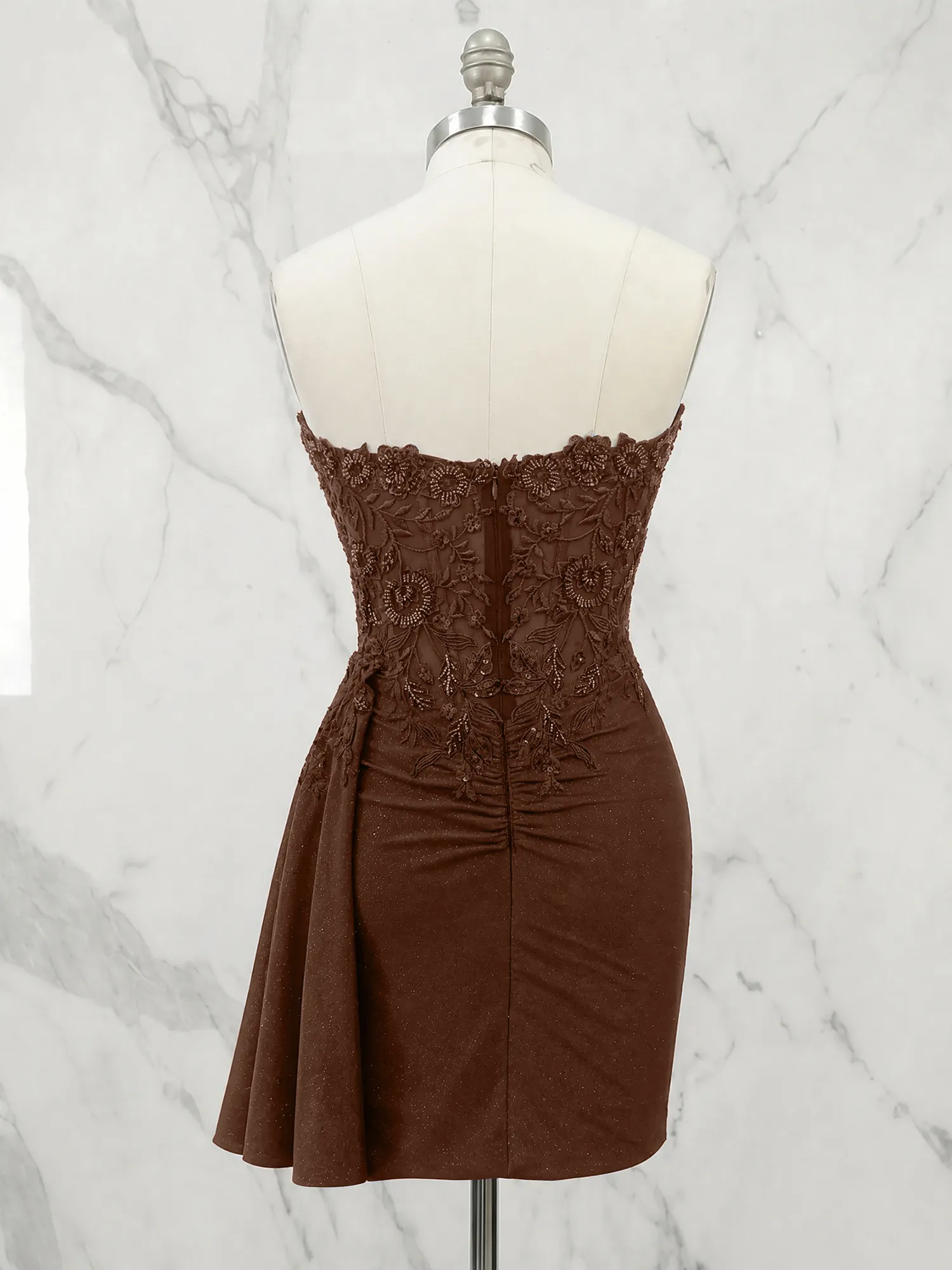 Strapless Lace Appliqué Glitter Homecoming Dress with Side Drape