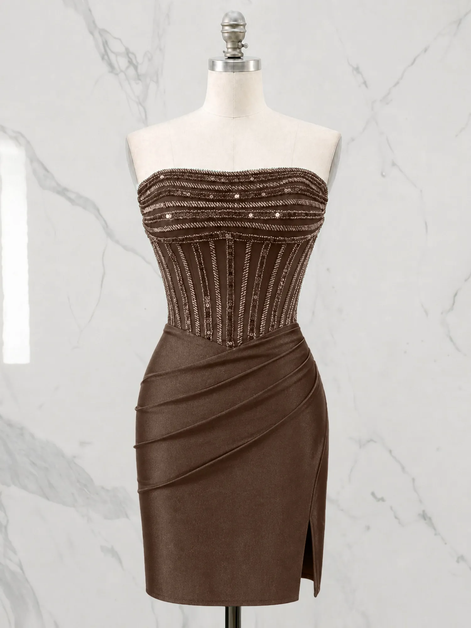 Strapless Beaded Corset Homecoming Dress with Ruched Skirt