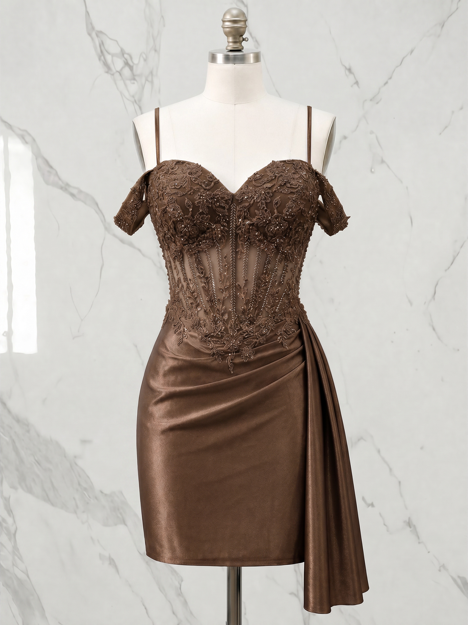 Off-the-Shoulder Lace Corset Homecoming Dress with Side Drape