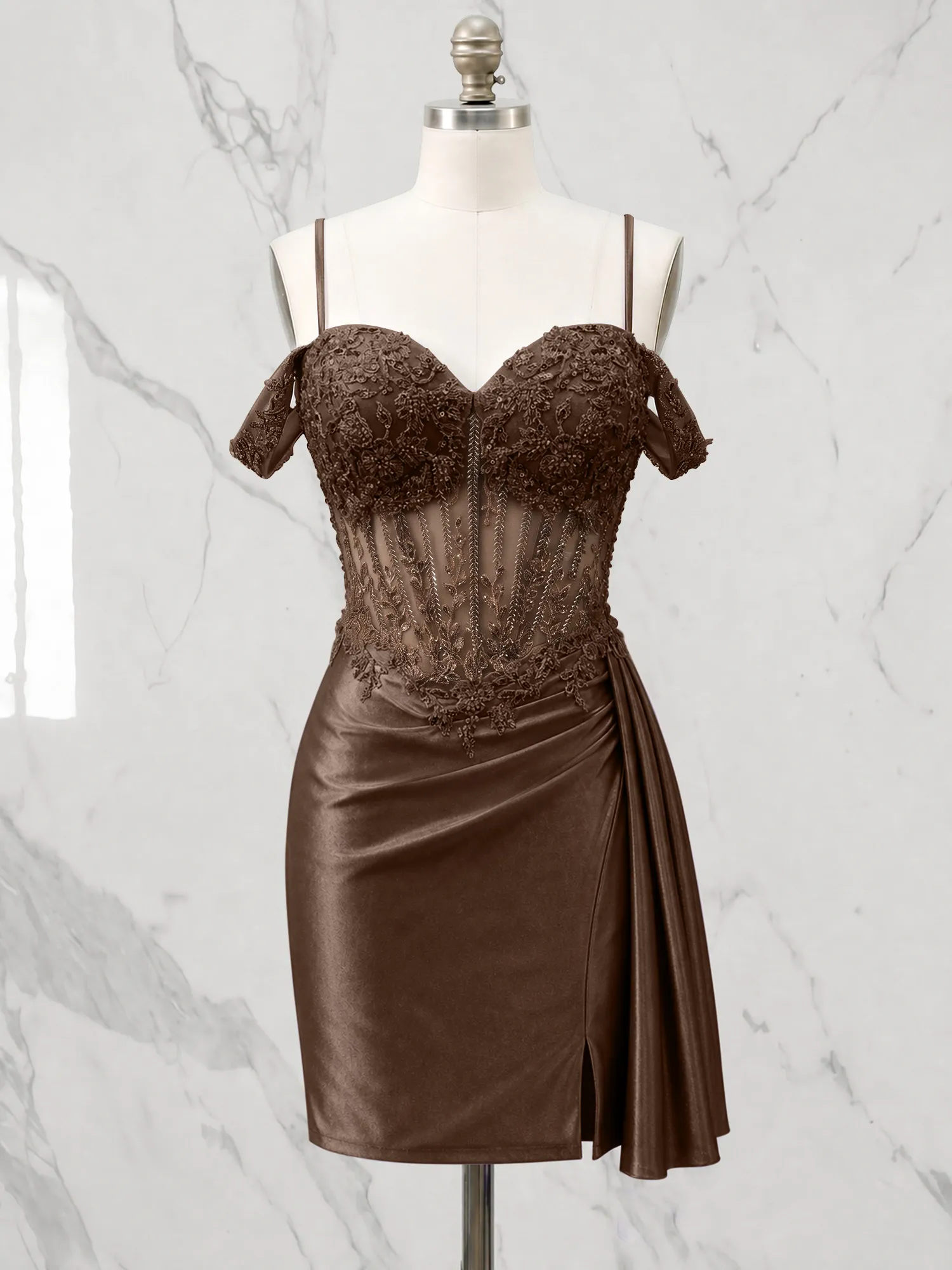 Off-the-Shoulder Lace Corset Homecoming Dress with Draped Skirt