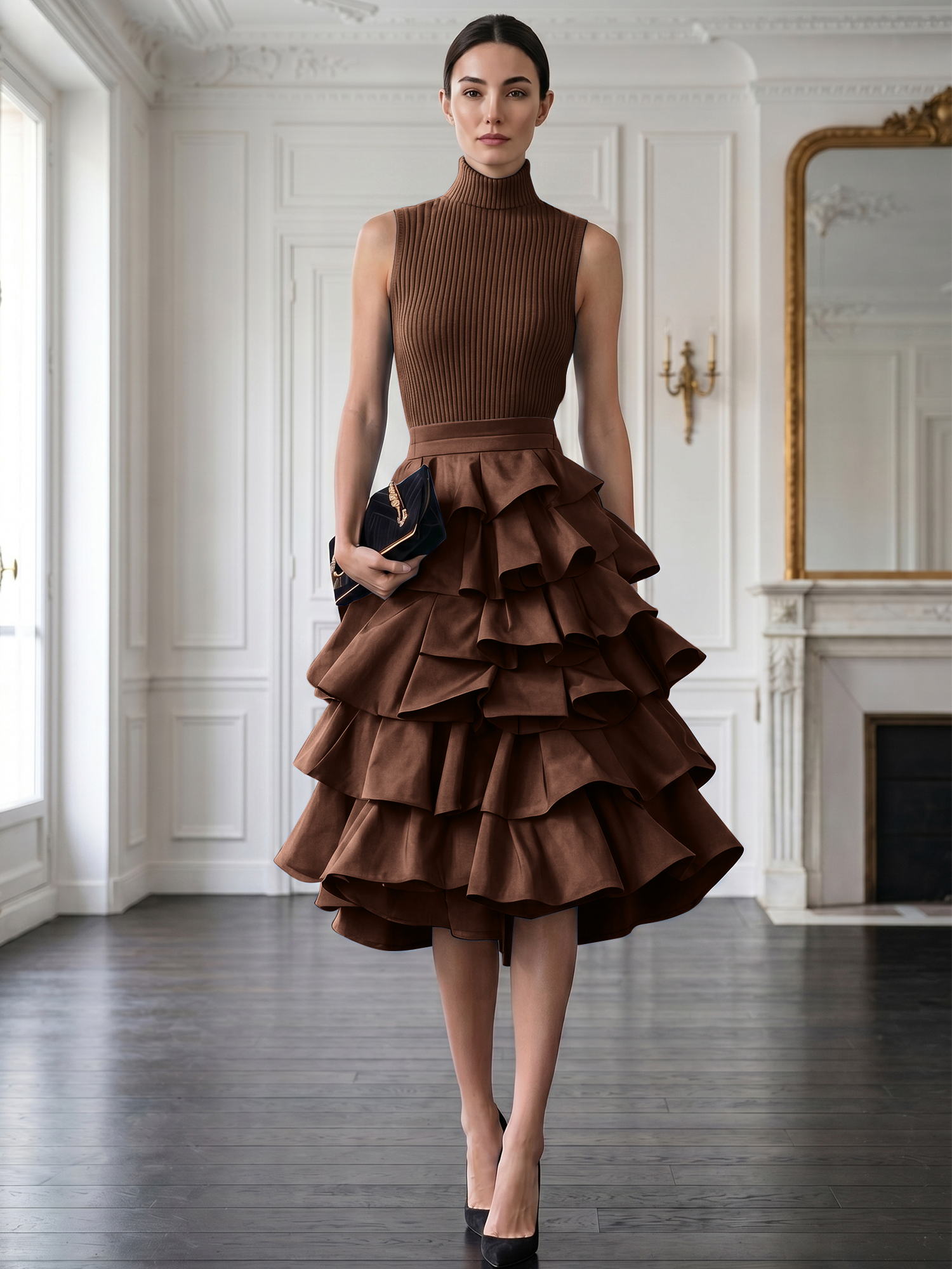 Avant-Garde Black High-Neck Tiered Ruffled Evening Gown
