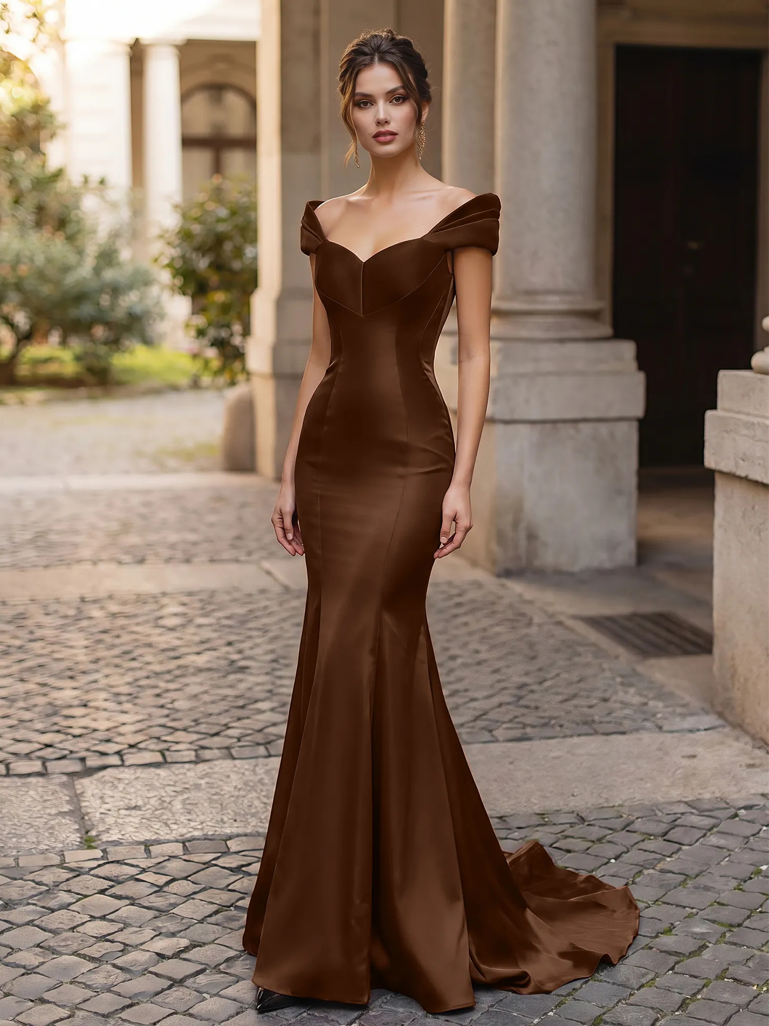 Off-the-Shoulder Sweetheart Lace-Up Back Satin Mermaid Prom Dress