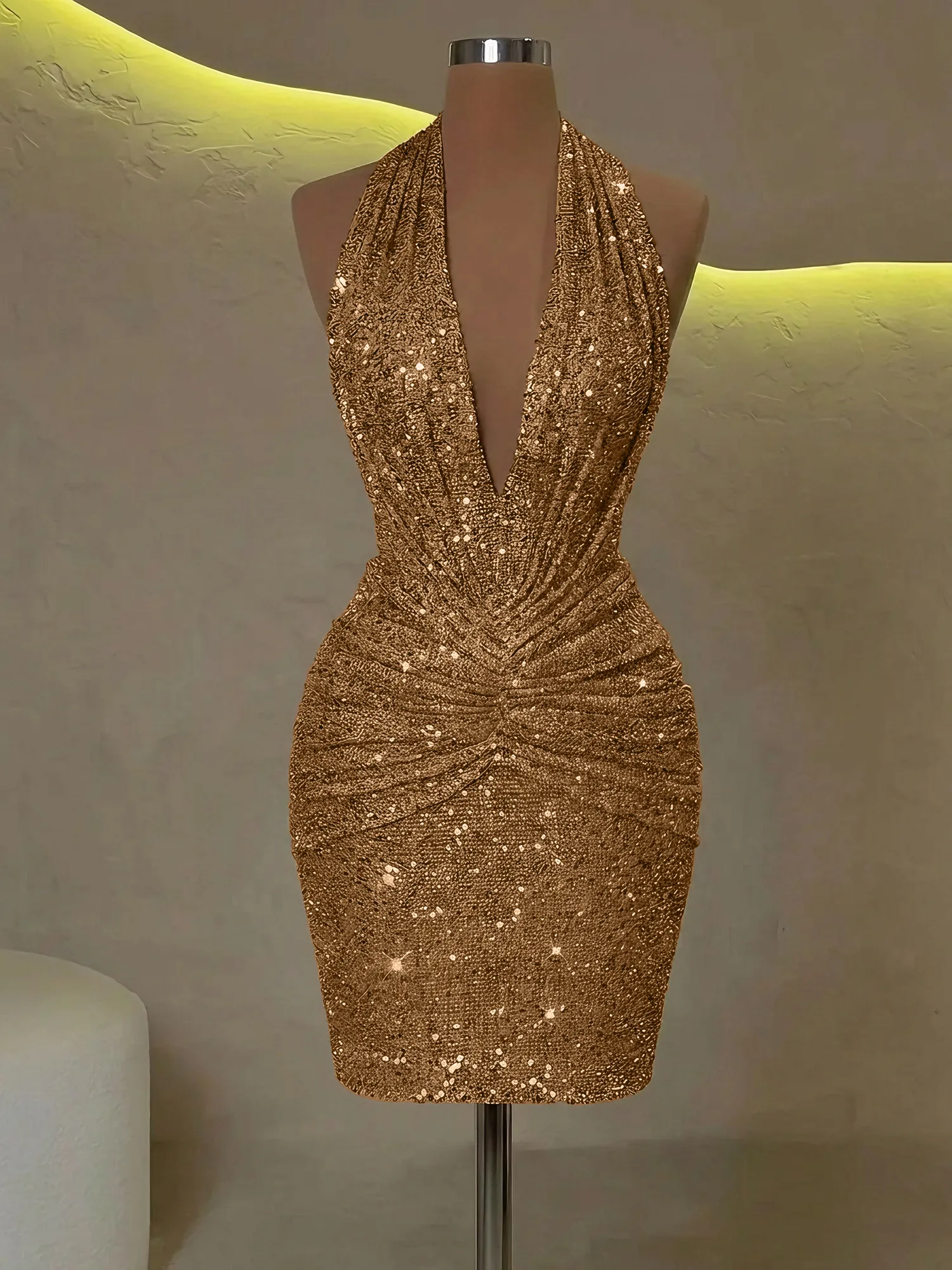 Sequin Halter Deep V-Neck Bodycon Homecoming Dress Mini Dress