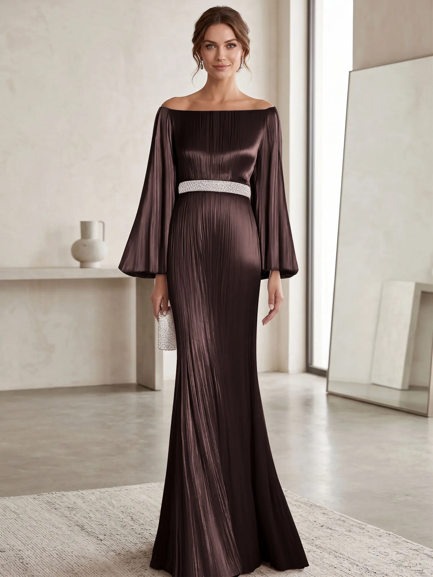 Off-the-Shoulder Pleated Satin Evening Gown with Beaded Waistband