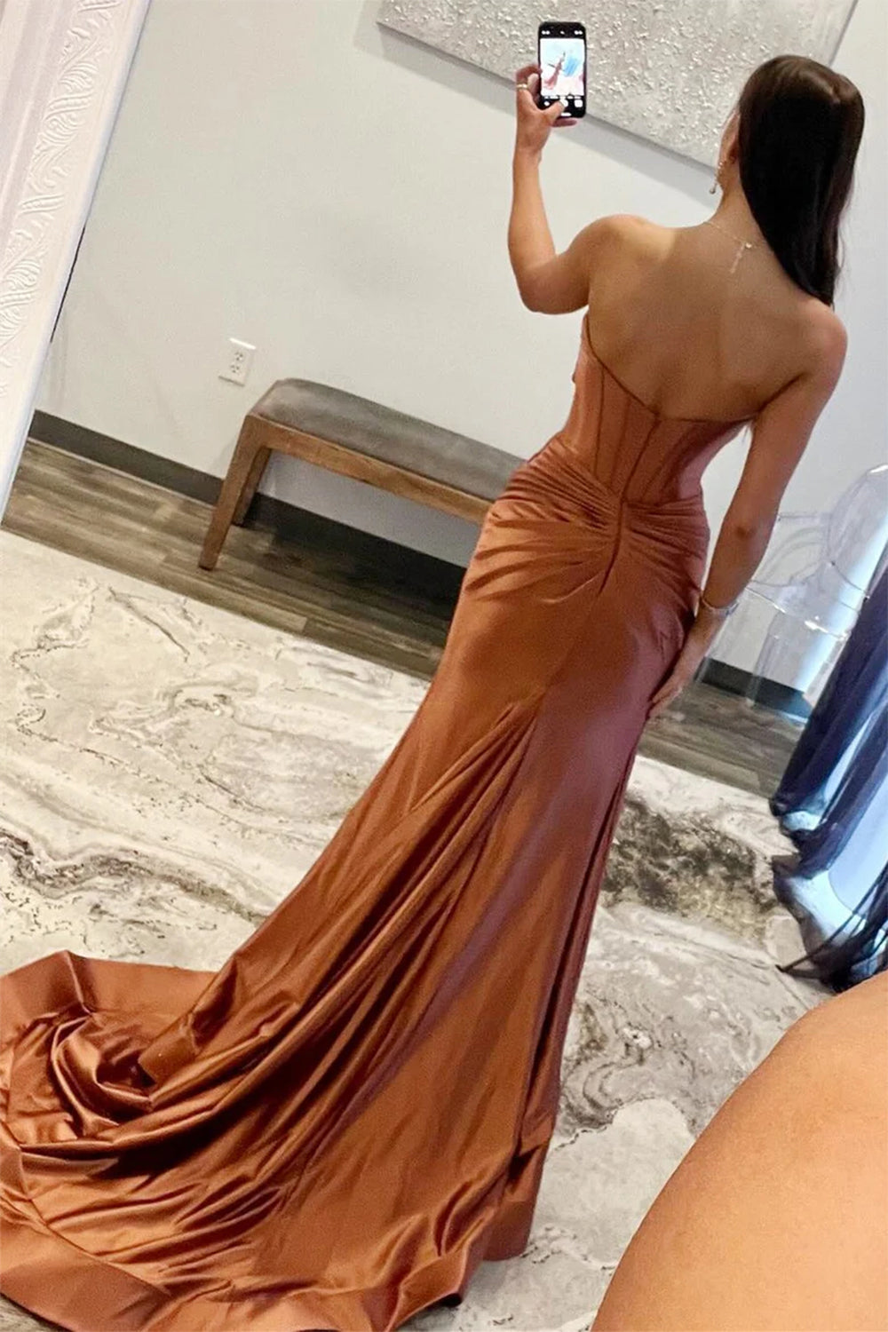 Black Mermaid Strapless Keyhole Satin Long Prom Dress with Slit