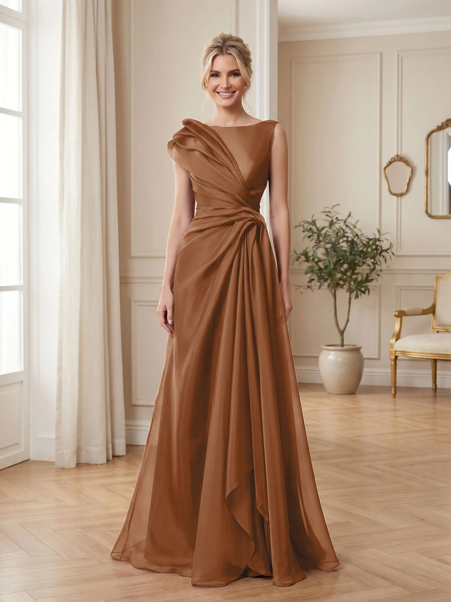 A Line Ruched Draped Tulle Evening Gown