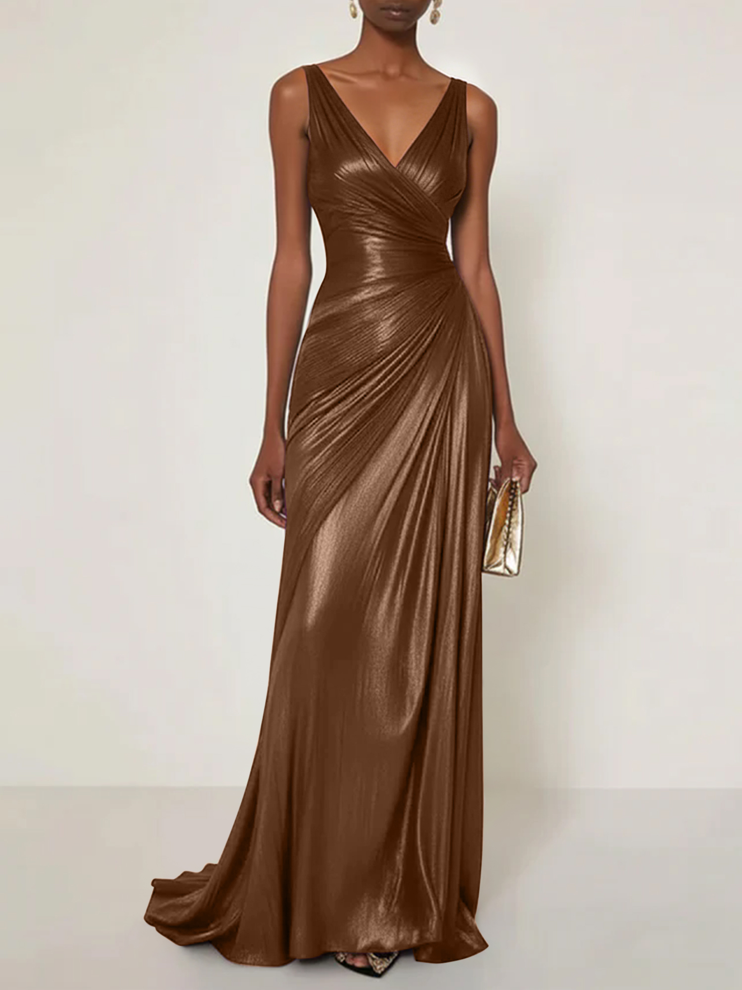 Evening Formal Dress V Neck Silk Ruffles Maxi Dress Gown
