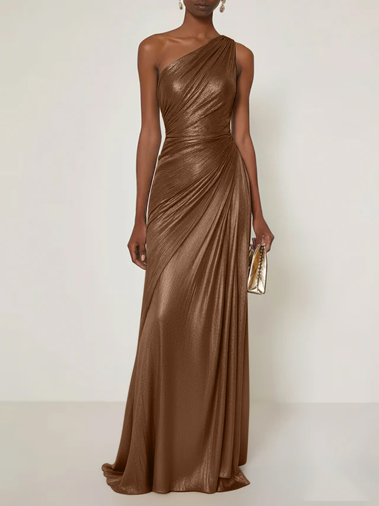Evening Formal Dress V Neck One Shoulder Silk Ruffles Maxi Dress