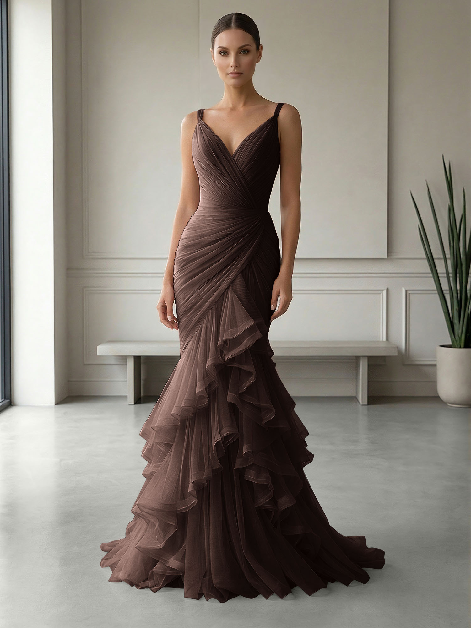 Mauve Folds Tulle Strapless Sleeveless Mermaid Gown Dress