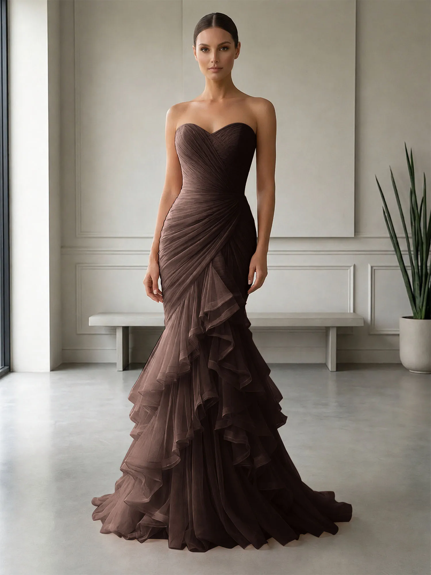 Strapless Ruched Tulle Mermaid Evening Gown Maxi Dress