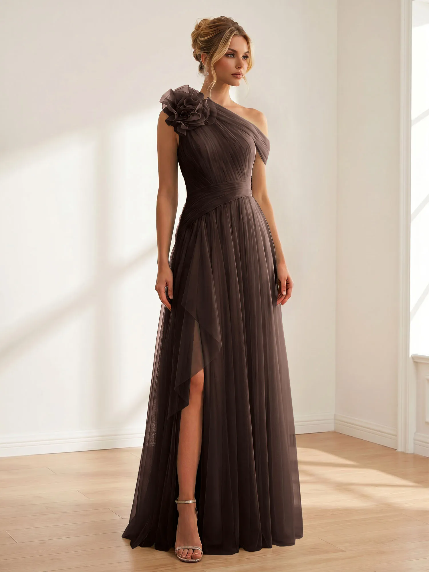 One-Shoulder Tulle Evening Gown with Floral Accent