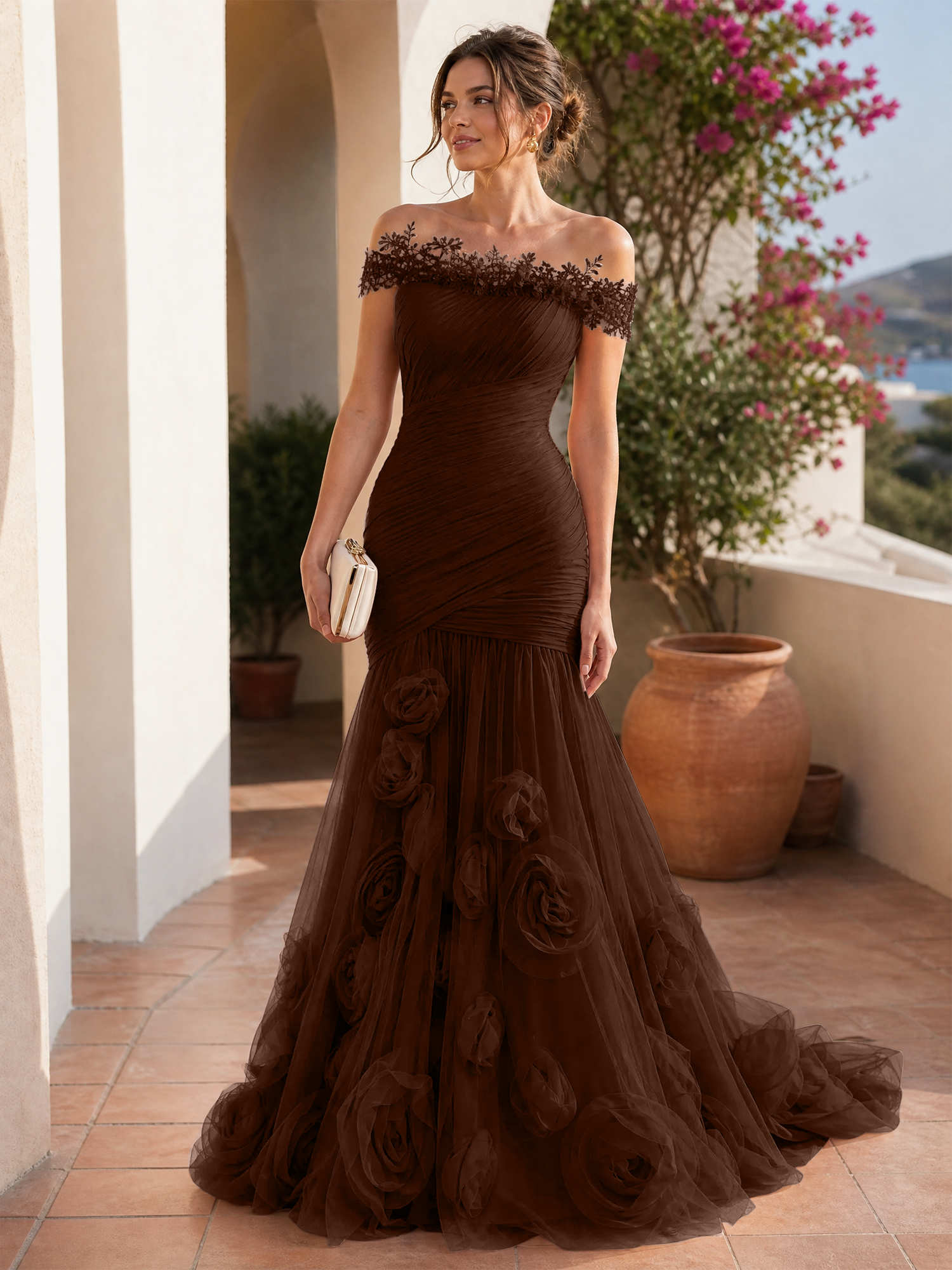 Romantic Blushing Rose Off-the-Shoulder Mermaid Formal Evening Dress 