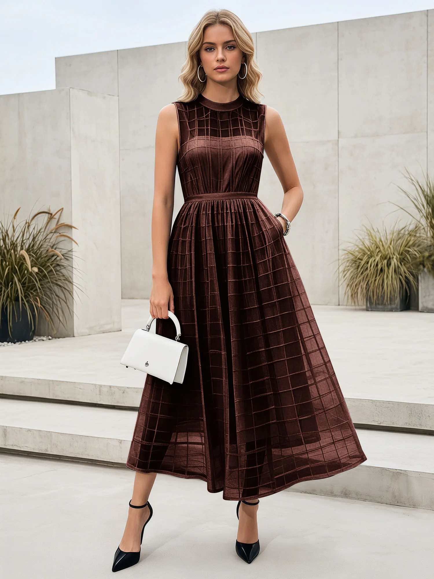 Sleeveless Grid Mesh A-Line Midi Evening Dress