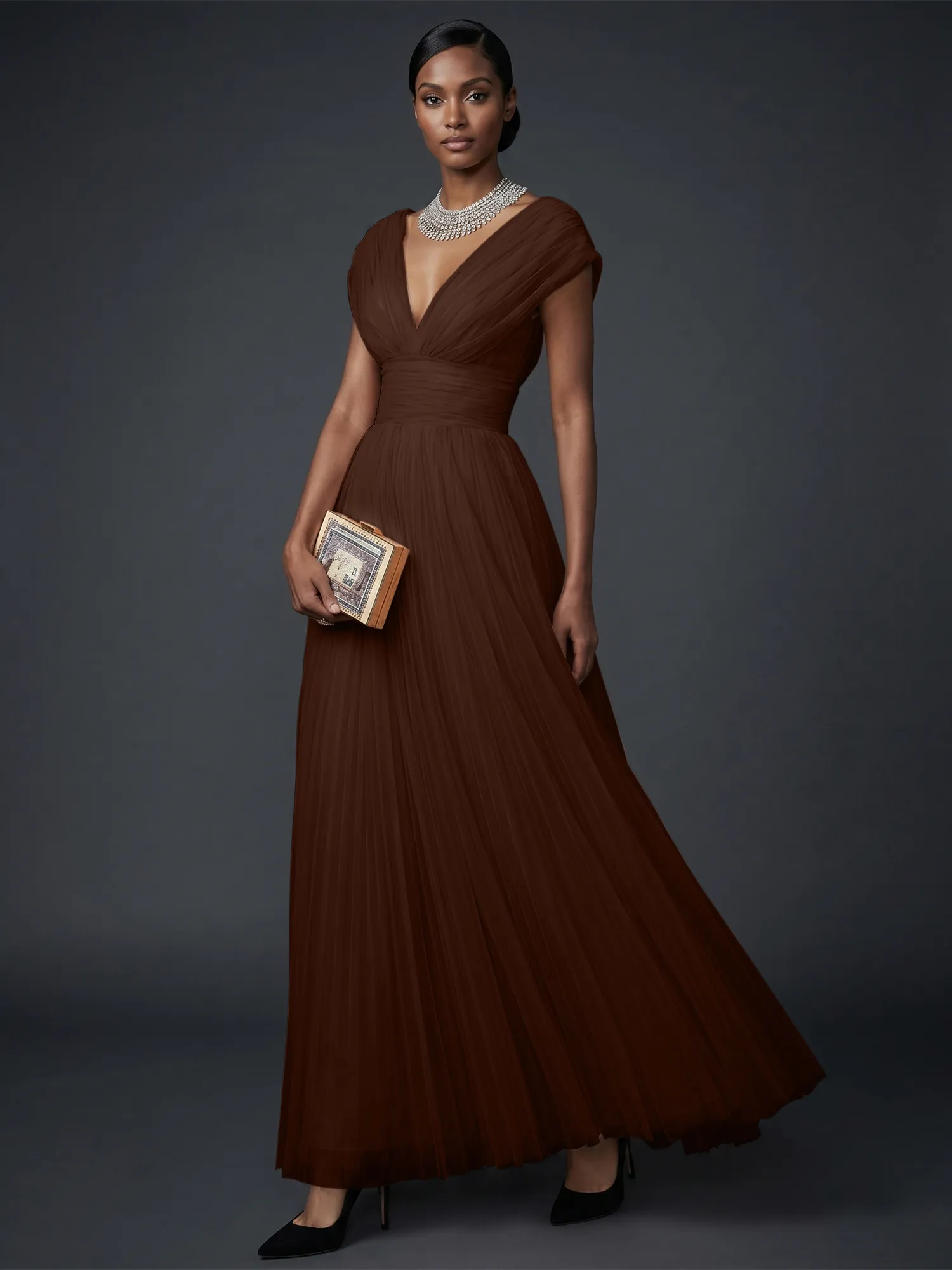 Draped V-Neck Pleated Tulle Evening Gown Maxi Dress