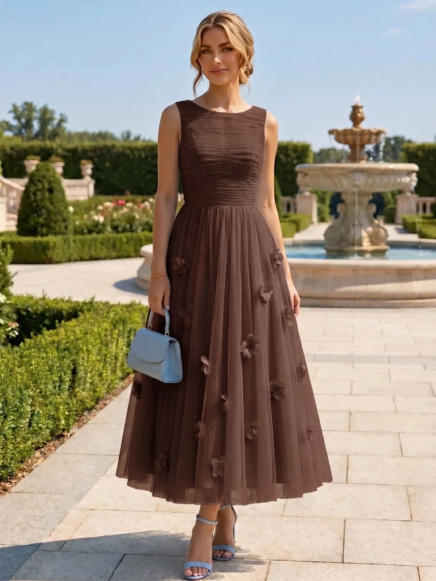 A Line Sleeveless Tulle Midi Dress with 3D Floral Appliqués