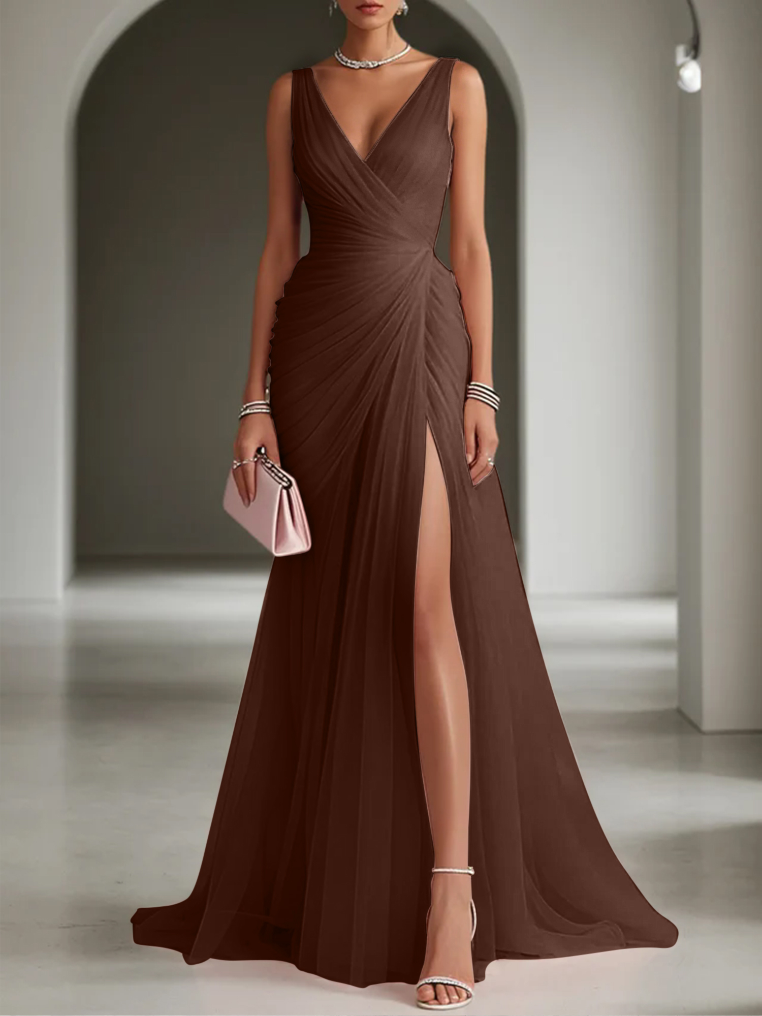 Pink Ruched Slit Tulle V Neck One Shoulder Sheath Gown Dress