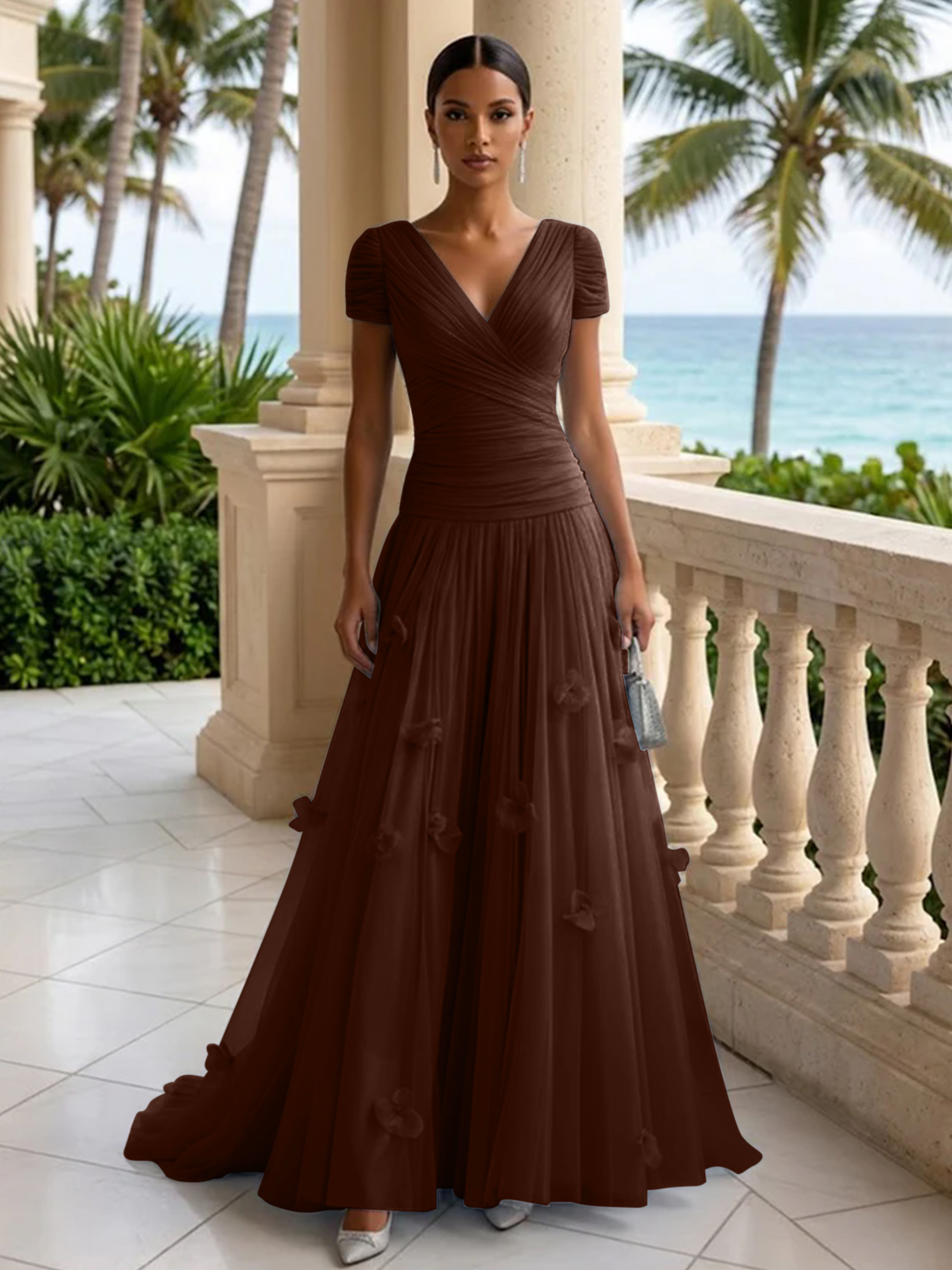 Elegant V-Neck Ruched Tulle A-Line Evening Gown with 3D Floral Appliqués