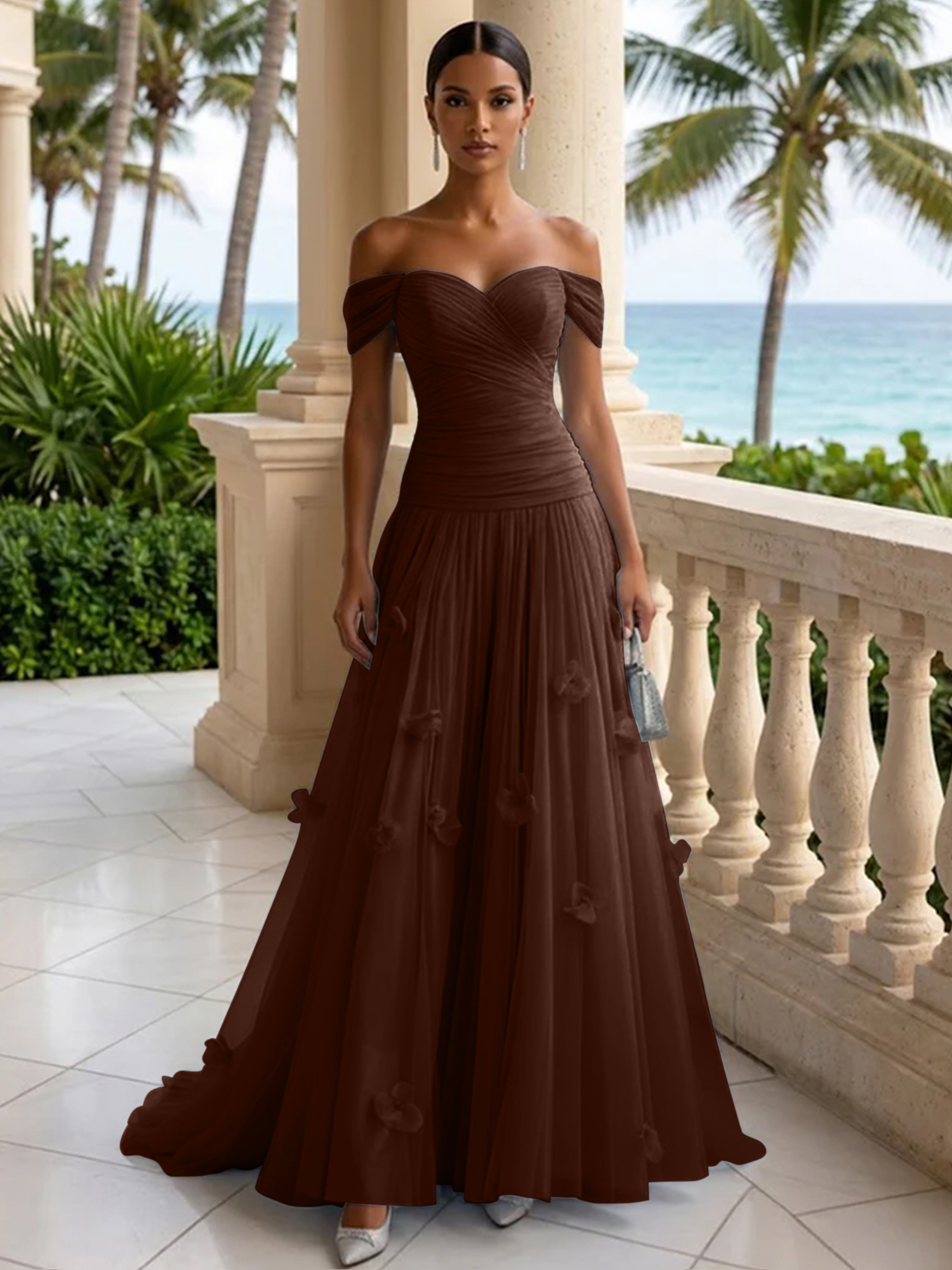 Elegant Off-the-Shoulder Ruched Tulle A-Line Evening Gown with 3D Floral Appliqués