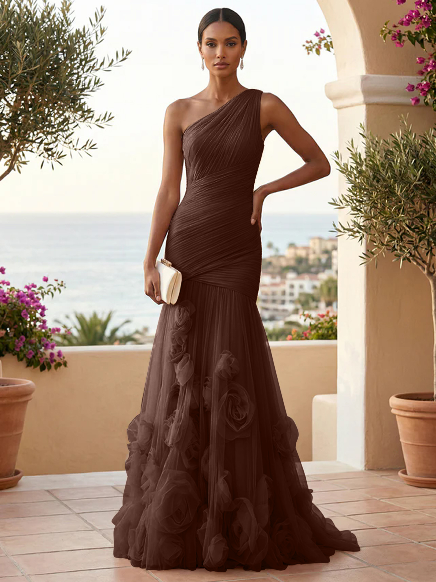 Sweetheart Tulle Pleat One Shoulder Mermaid Evening Dresses Gown with 3D Flower