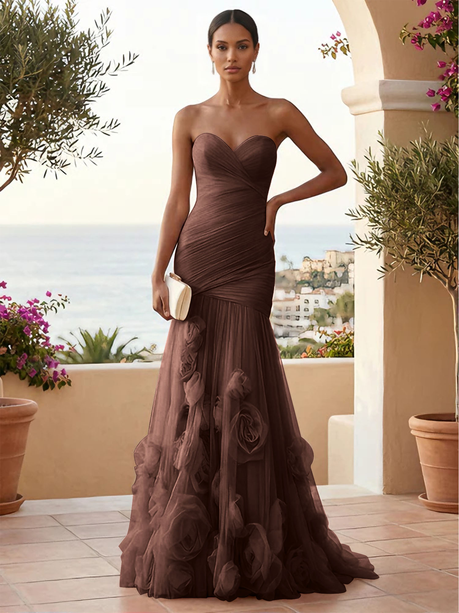 Sweetheart Tulle Pleat Mermaid Evening Dresses with 3D Flower