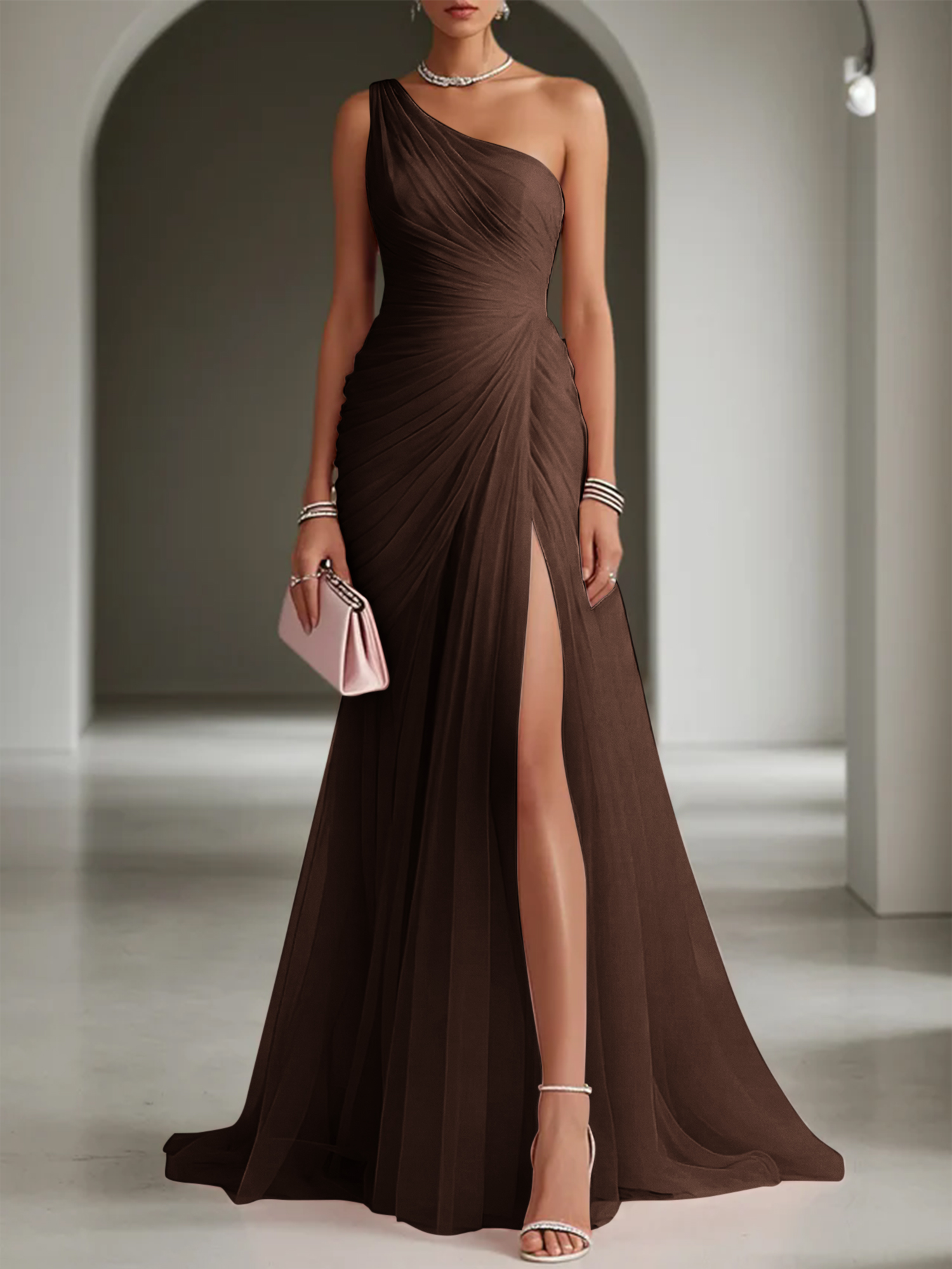 Pink Ruched Slit Tulle Strapless One Shoulder Sheath Gown Dress