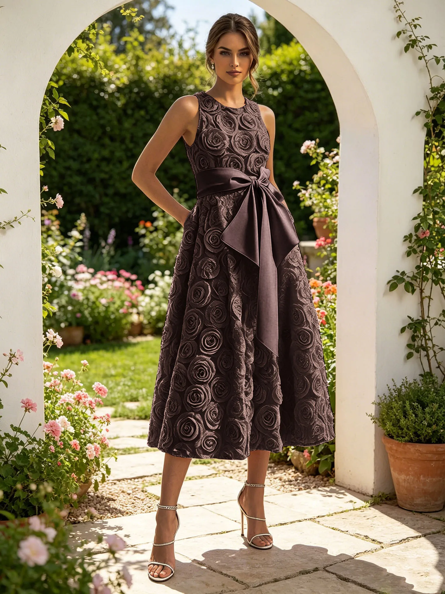 Sleeveless 3D Rose Midi Evening Dress with Satin Bow Sash