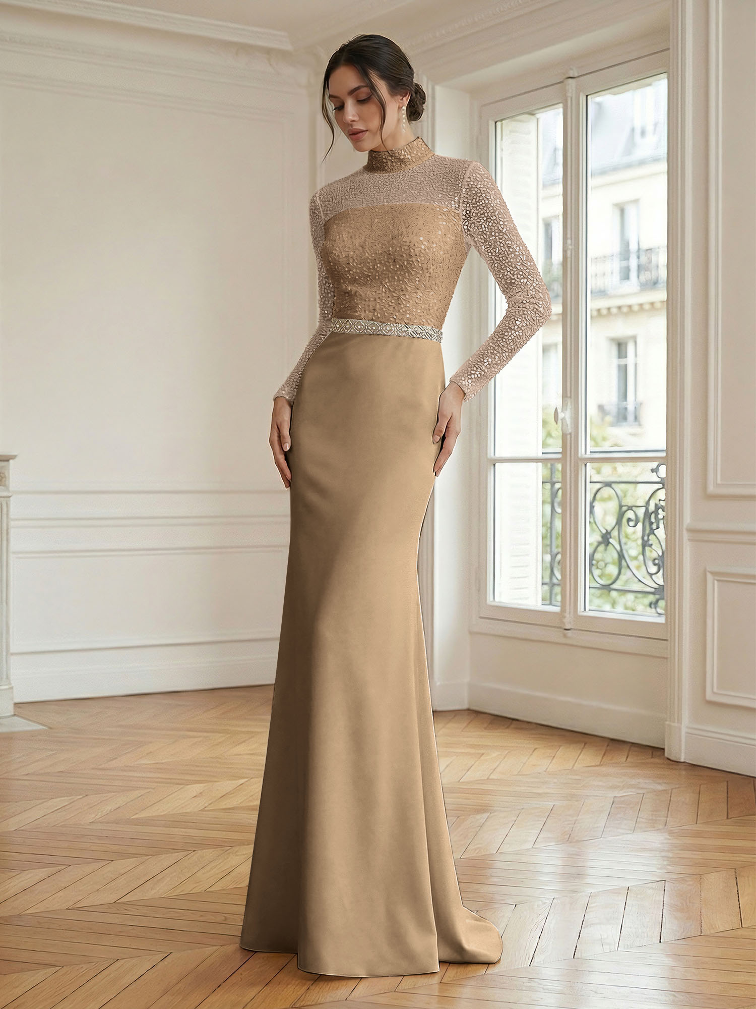 Formal Dress White Sheath Illusion Neck Beaded Chiffon Maxi Dress