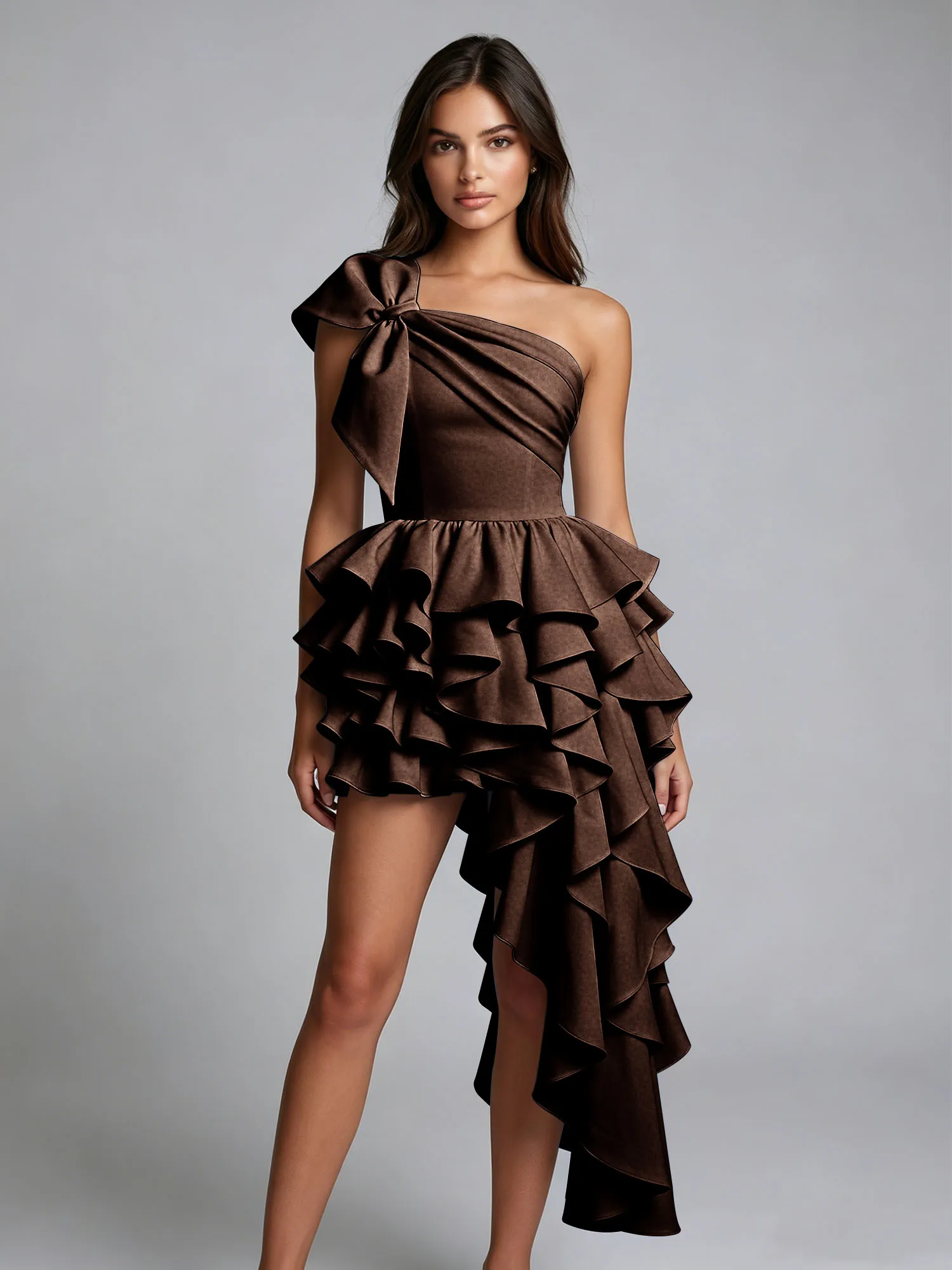 One-Shoulder Bow Tiered Ruffle Asymmetrical Homecoming Dress