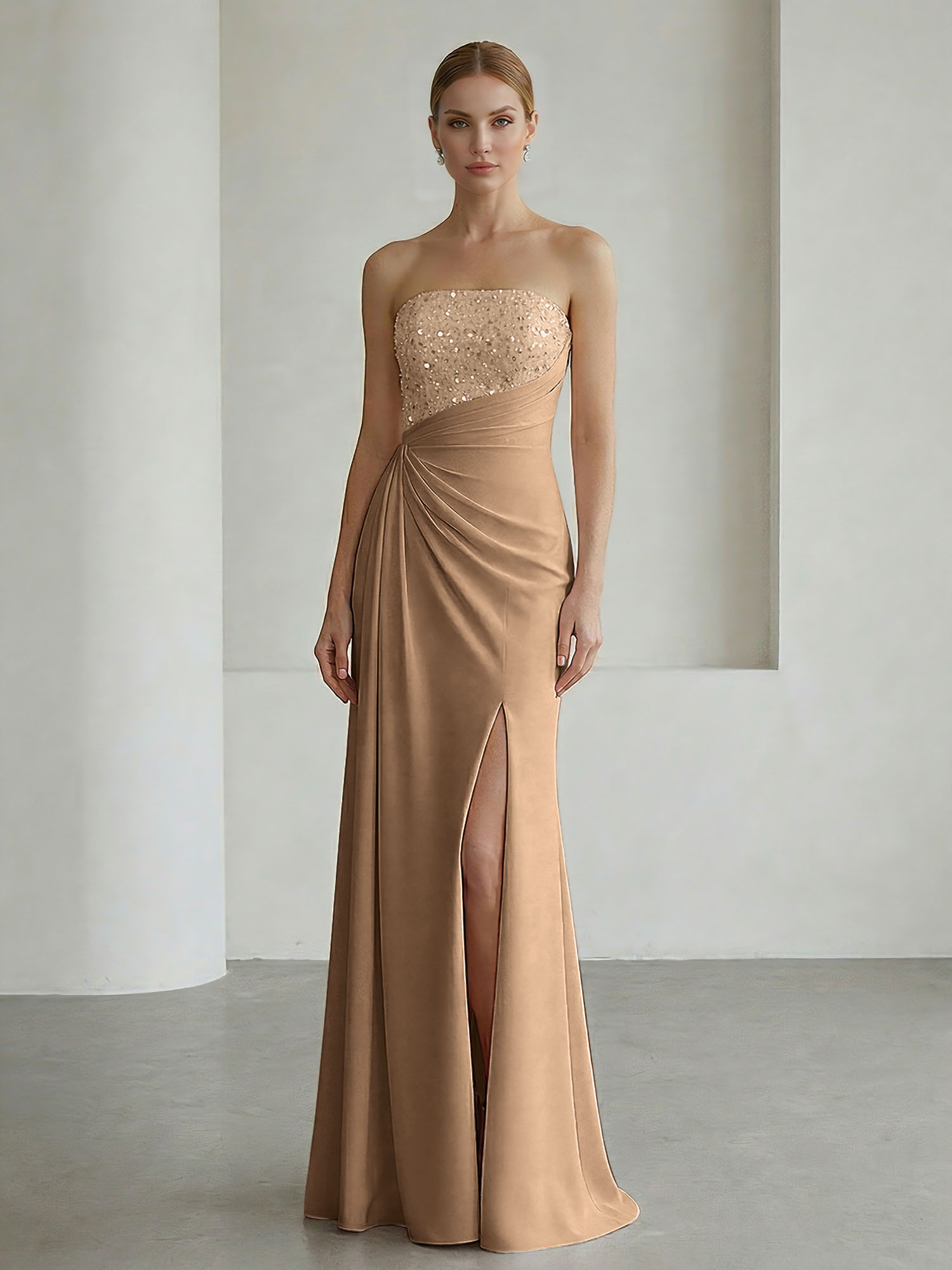 Glamorous Formal Evening Dress Soft Blush Beaded Strapless Slit Gown