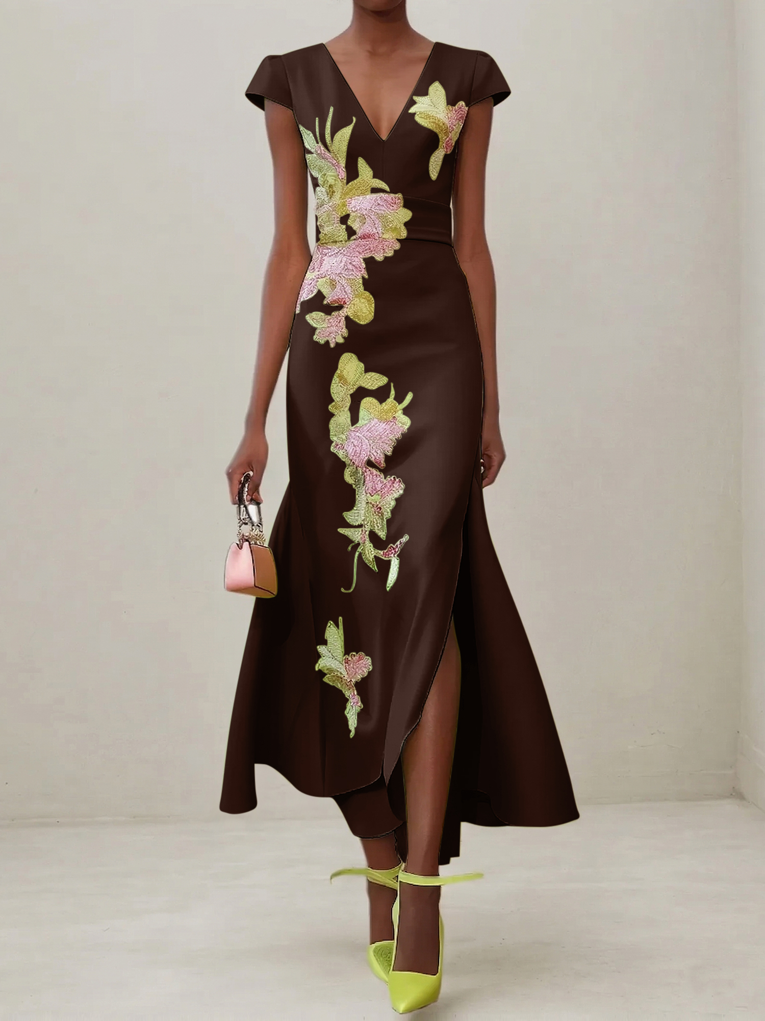 Elegant V-Neck Cap Sleeve Satin Midi Gown with Floral Embroidery & High Slit
