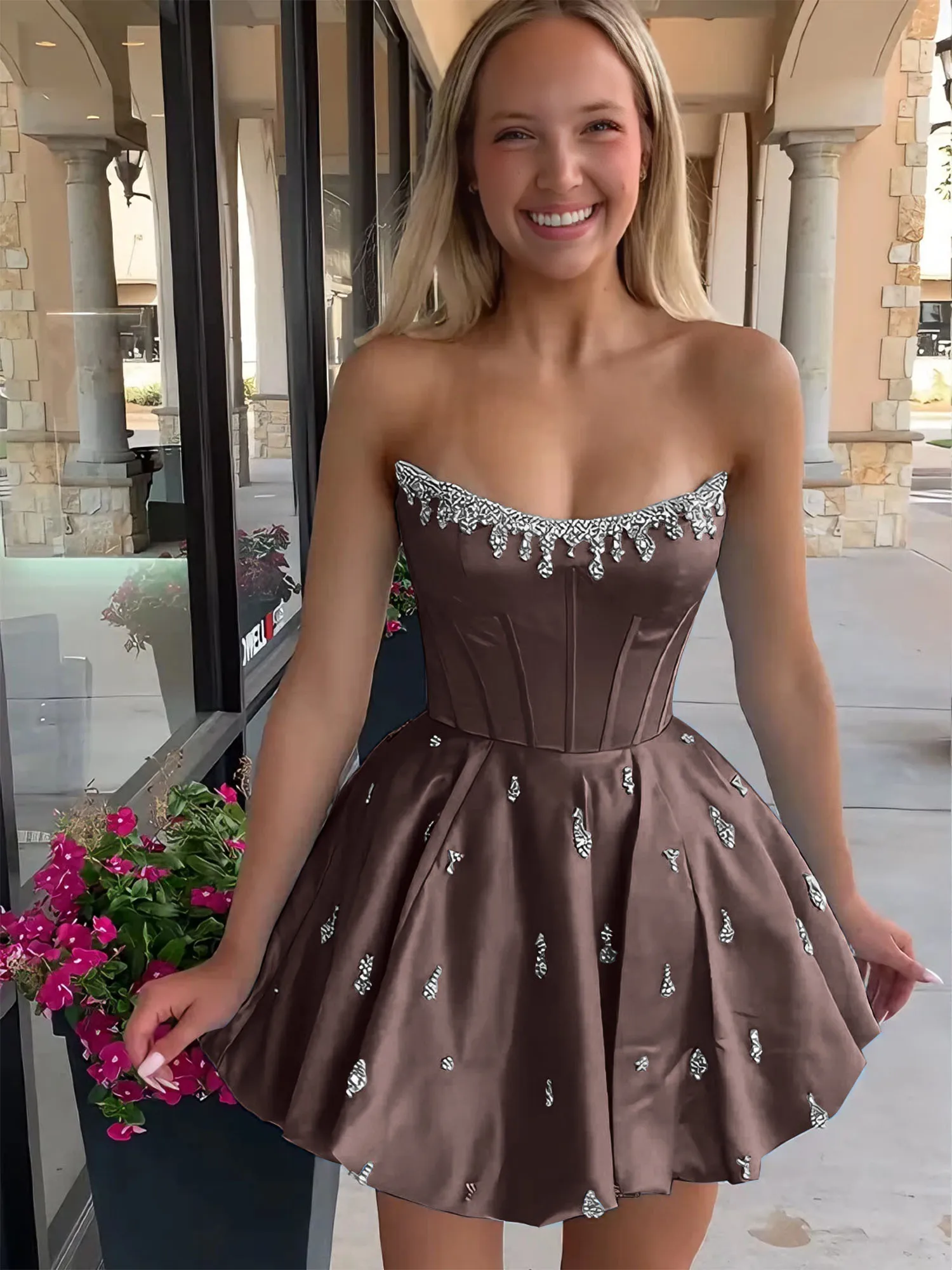 Strapless Beaded Corset Lace-Up Back Satin Homecoming Dress